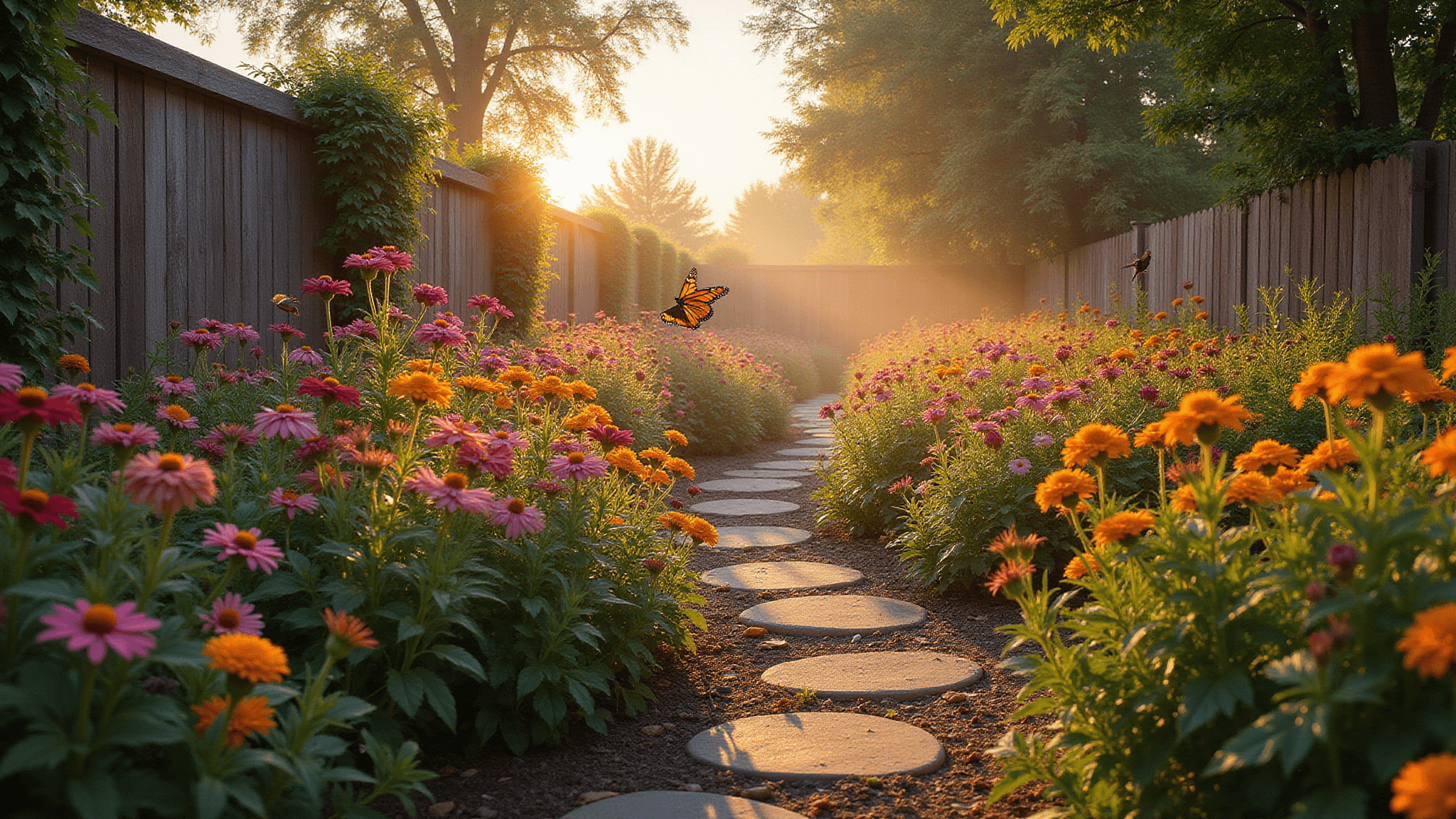 Photorealistic landscape of a vibrant wildflower garden at golden hour, featuring a winding stone path, blooming flowers in jewel tones, Monarch butterflies, and a hummingbird among the plants, with atmospheric mist and glowing solar lights.