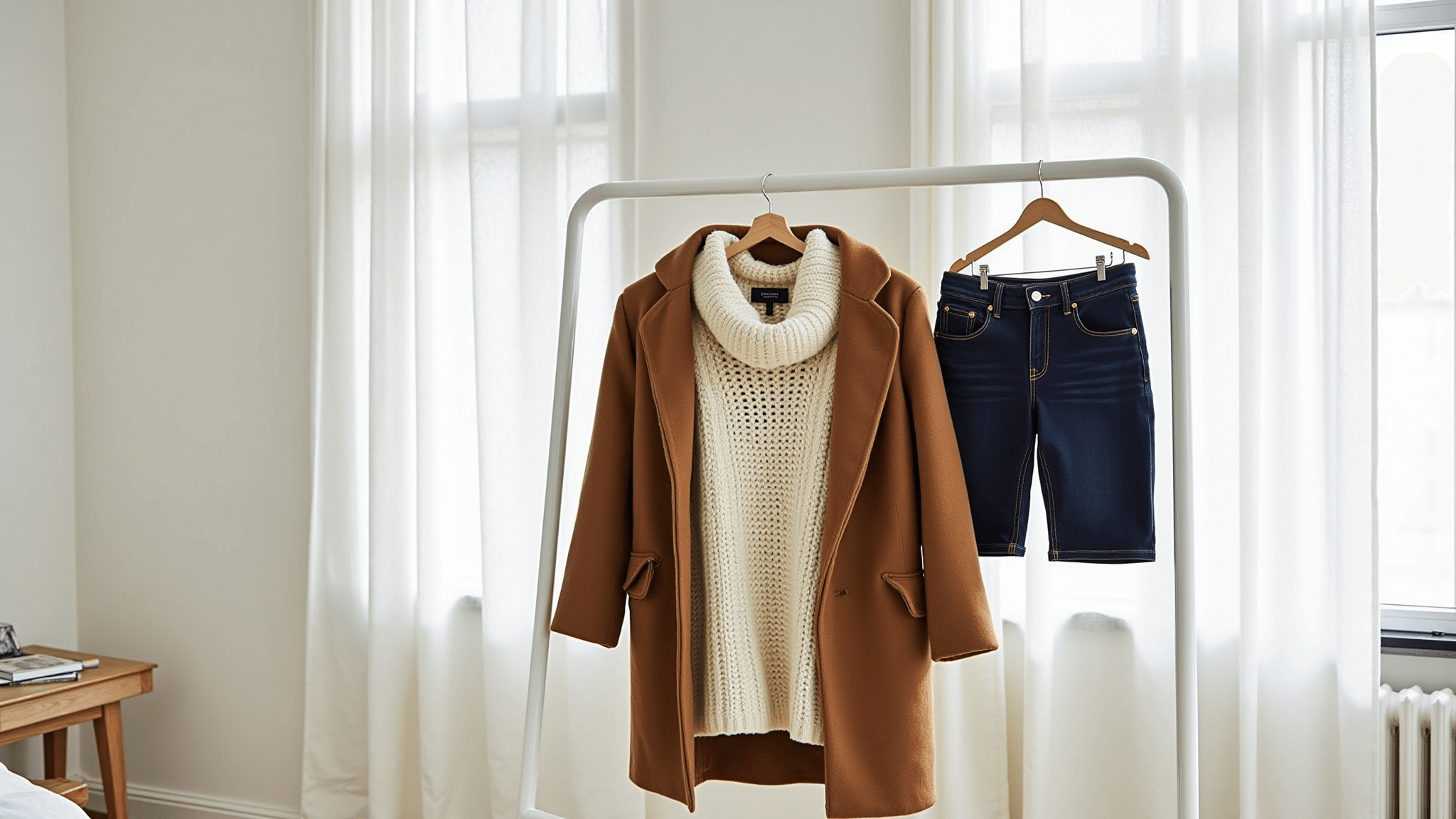 A minimalist bedroom with a white clothing rack displaying a winter capsule wardrobe, including cream chunky knit sweaters, dark jeans, cognac leather ankle boots, and a camel wool coat, complemented by beige cashmere accessories on a marble surface, all bathed in natural light.