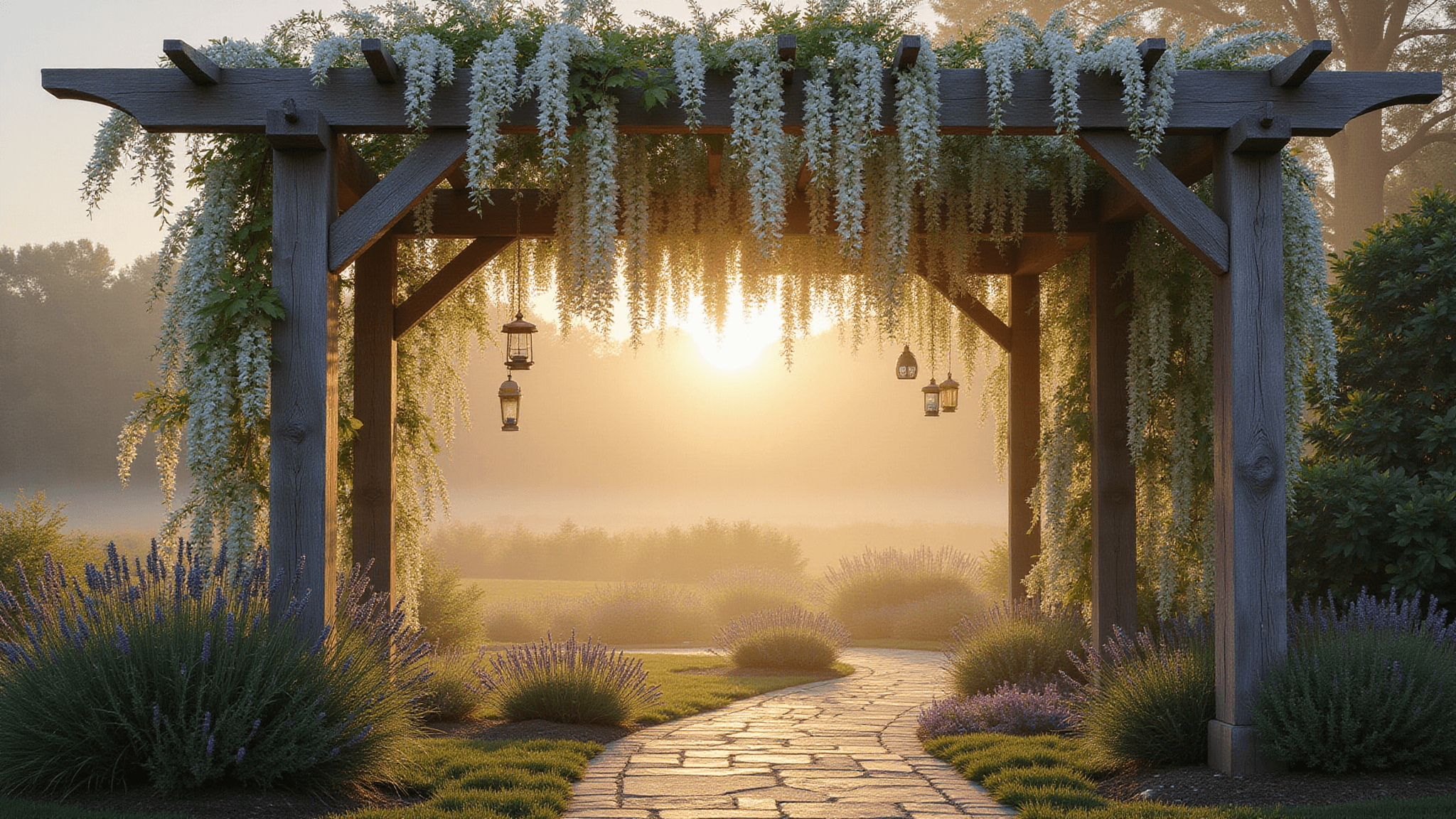 A majestic weathered cedar garden arbor draped in cascading white wisteria blooms, framed by a winding stone pathway and blooming French lavender, illuminated by soft golden morning sunlight and dewy grass, captured in a photorealistic wide-angle shot during golden hour.