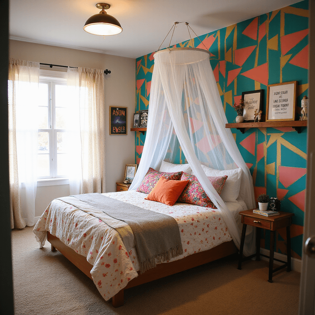 DIY Room Decor for Teens: Creative Ideas for the Ultimate Bedroom Makeover A vibrant teen bedroom featuring a bold geometric wallpaper focal wall in teal, coral, and gold, with sunlight streaming through sheer curtains, a DIY canopy bed adorned with colorful throw pillows, and a floating shelf displaying framed posters, all captured from a low angle near the doorway.