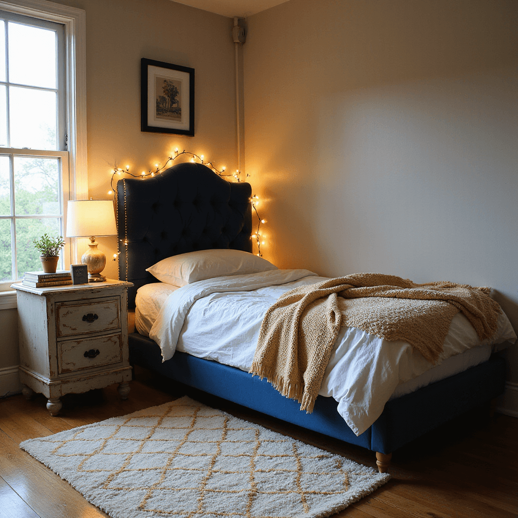 DIY Room Decor for Teens: Creative Ideas for the Ultimate Bedroom Makeover Cozy reading nook in a teen's bedroom with a DIY navy velvet tufted headboard, soft morning light, fairy lights, cream and gold geometric rug, wooden nightstand with a vintage lamp and books, creating a serene atmosphere for relaxation.