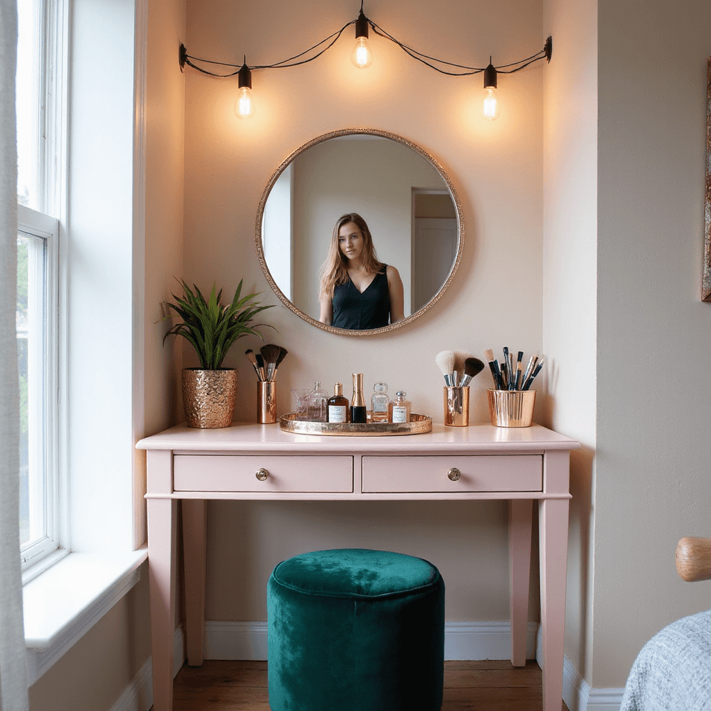 DIY Room Decor for Teens: Creative Ideas for the Ultimate Bedroom Makeover A stylish teen's DIY vanity corner featuring a blush pink desk, large round mirror with Edison bulb frame, rose gold brush holders, perfume bottles on a mirrored tray, and a deep emerald green velvet stool, illuminated by string lights and a pendant lamp.