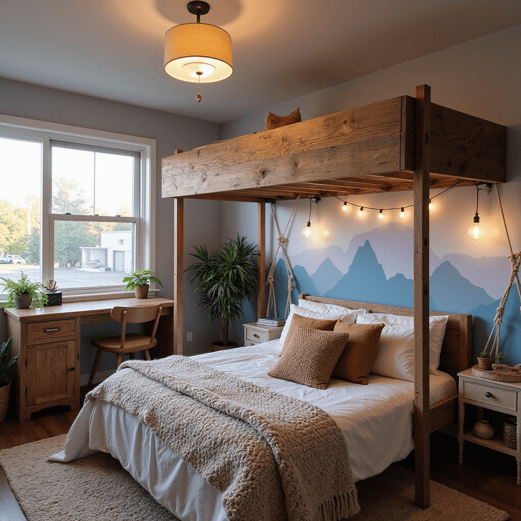 DIY Room Decor for Teens: Creative Ideas for the Ultimate Bedroom Makeover A cozy teen bedroom featuring a hand-painted mountain mural, a loft bed made from reclaimed wood, a study area with a desk from an old door, string lights, macramé plant hangers, and layered bedding in earthy tones, all bathed in warm evening light.