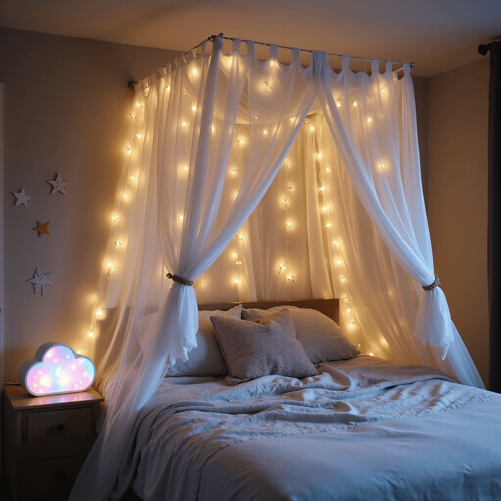 A cozy bedroom corner with a dreamy DIY bed canopy made of flowing white curtains, illuminated by woven fairy lights. The bed features layers of pastel-colored bedding, while a cloud-shaped LED light on the nightstand emits a soft multicolored glow. String art stars on the wall add depth, captured from a low angle with a soft focus for a magical ambiance.