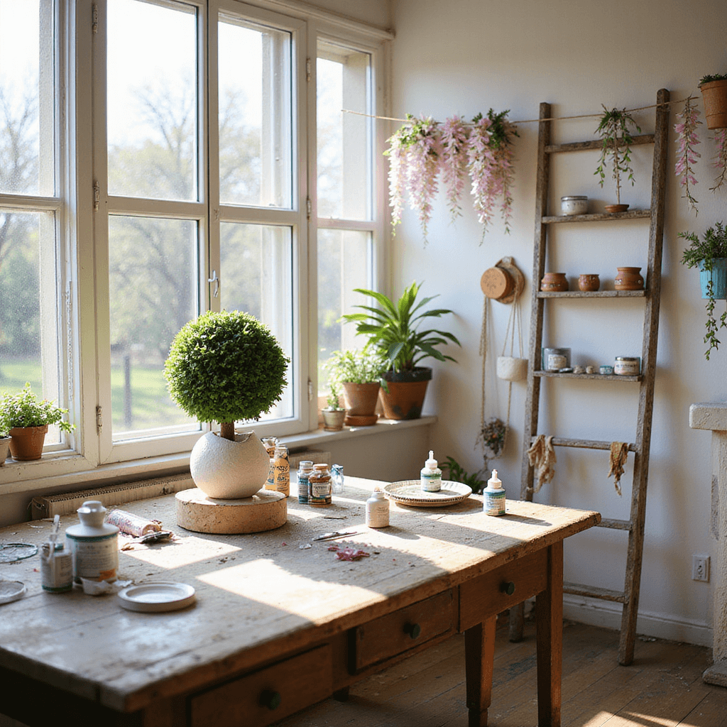 Bright, airy craft room filled with morning sunlight, featuring a rustic wooden table cluttered with DIY supplies and a work-in-progress topiary, vibrant painted terracotta pots hanging on a clothesline, and pastel wisteria flowers draped from a vintage ladder, all in a wide-angle view.