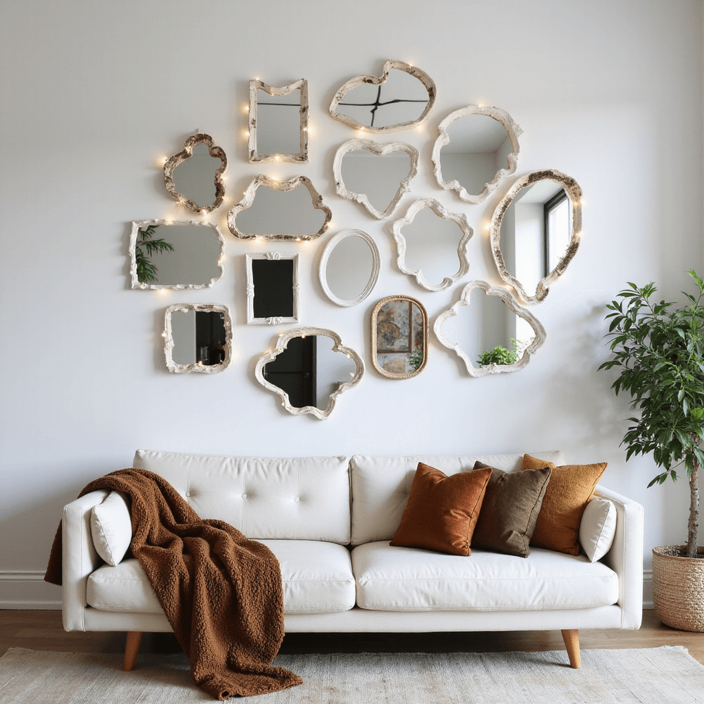 Chic minimalist living room with high ceilings, sleek white walls, and a statement mirror wall featuring DIY mirrors with hand-painted cloud edges and clay/moss frames, illuminated by LED strip lights. A modern low-profile sofa with custom throw pillows made from upcycled bath mats is in the foreground.