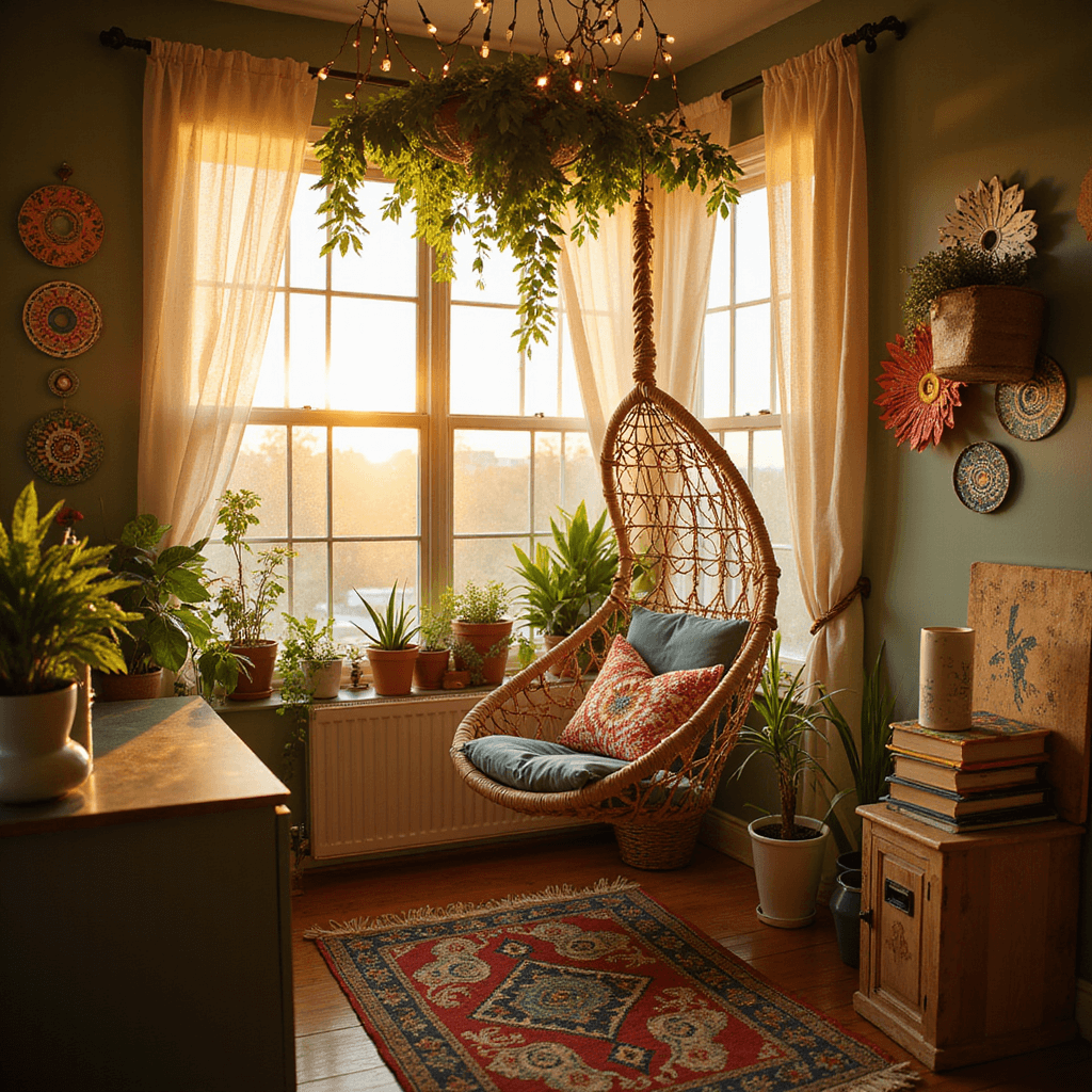 A warmly lit bohemian-inspired teen bedroom featuring a cozy reading nook with a macramé hanging chair, surrounded by potted plants and illuminated by string lights and paper wisteria flowers. A desk displays upcycled CDs with mandala designs and a DIY pool ball candle holder atop vintage books.