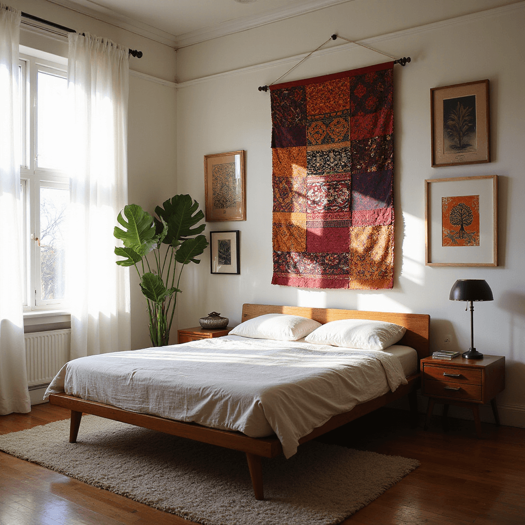 A cozy bedroom with morning light filtering through sheer curtains, featuring a DIY textile wall hanging in bohemian patterns and jewel tones above a mid-century modern bed, surrounded by smaller framed fabric pieces. Warm wood floors and a plush area rug enhance the space, while a fiddle leaf fig plant in the corner casts shadows.