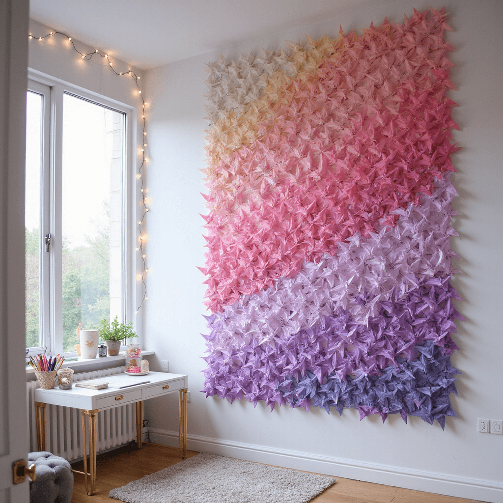 A bright teenage bedroom with high ceilings, featuring a large picture window and a DIY paper art installation of colorful origami cranes cascading down the wall. A white desk with gold accents holds crafting supplies, and fairy lights add a whimsical glow to the pastel-colored room. Captured from the doorway to showcase the scale of the installation.