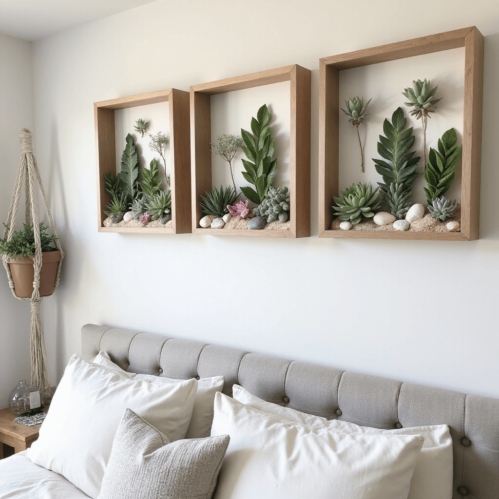 Close-up of a serene master bedroom featuring a row of DIY succulent shadow boxes above a low-profile upholstered headboard, showcasing faux succulents, air plants, and decorative stones against a pale sand backdrop, with a soothing color palette of greens, grays, and soft pinks.