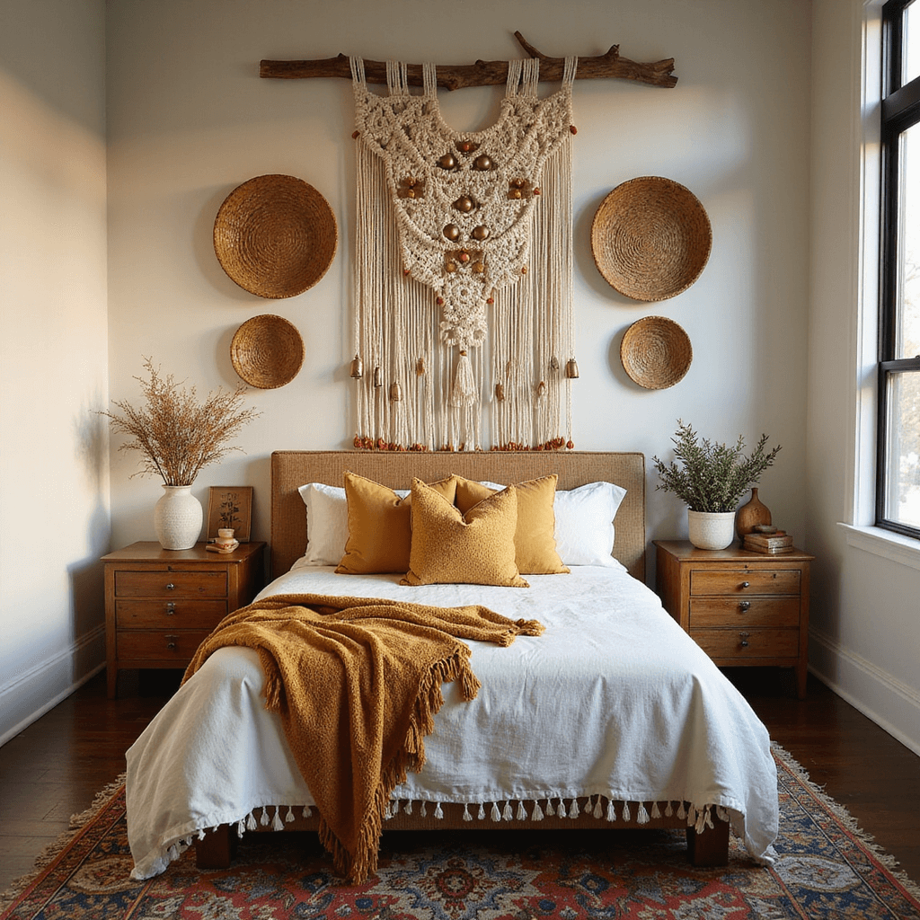 A boho-chic guest bedroom featuring a large, intricate macramé wall hanging in cream, rust, and mustard yellow, hanging from a driftwood rod above a rattan headboard, with woven wall baskets, layered earth-toned textiles on the bed, and a vintage kilim rug on dark hardwood floors, all illuminated by warm golden hour lighting.