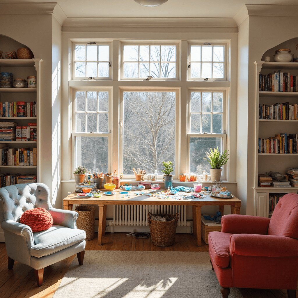 A bright and inviting craft room with large bay windows, a central worktable covered in air-dry clay and colorful acrylic paints, and shelves filled with crafting supplies, featuring a plush armchair and a basket of yarn, all in warm creams, soft blues, and festive reds.