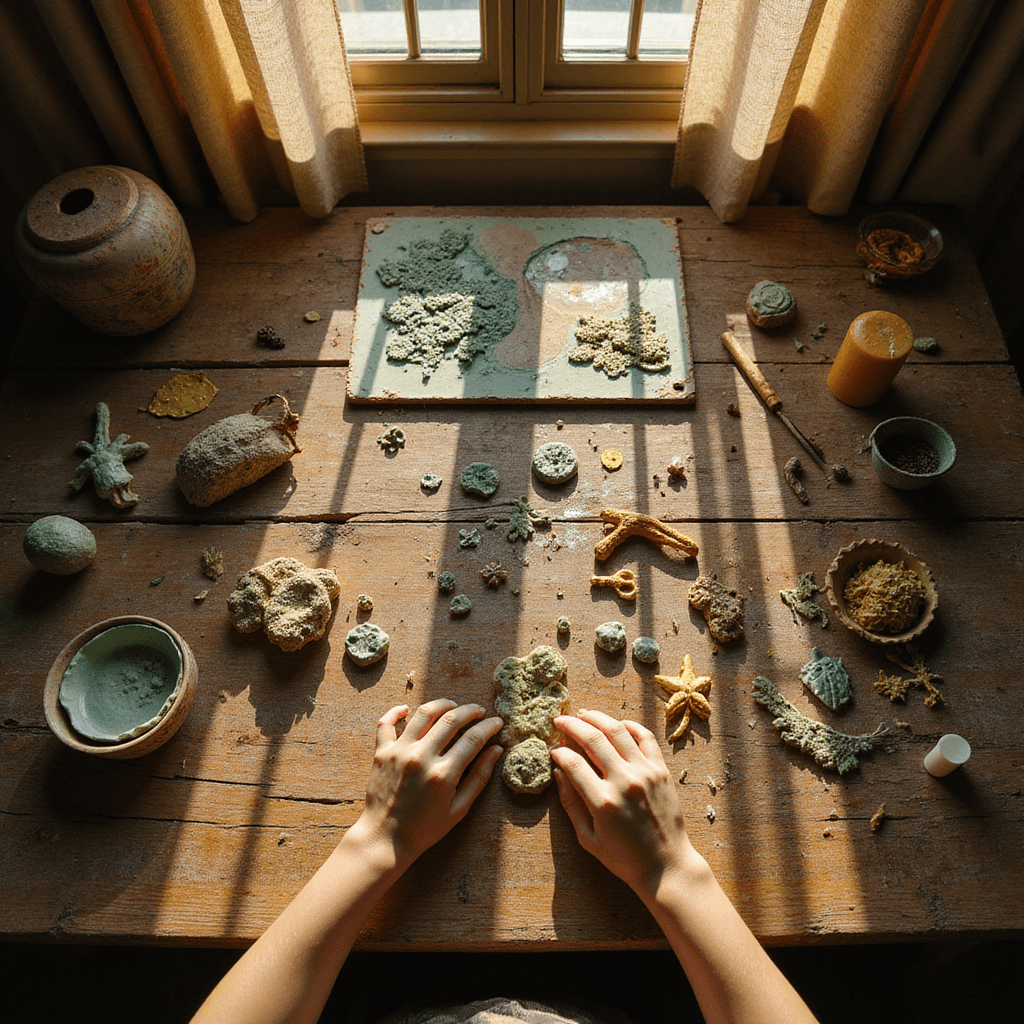 Close-up of hands crafting polymer clay on a rustic wooden table, illuminated by warm afternoon sunlight. Surrounded by clay tools, texture mats, and completed ornaments, the scene emphasizes earthy tones with hints of green and gold, showcasing intricate details in a creative atmosphere.