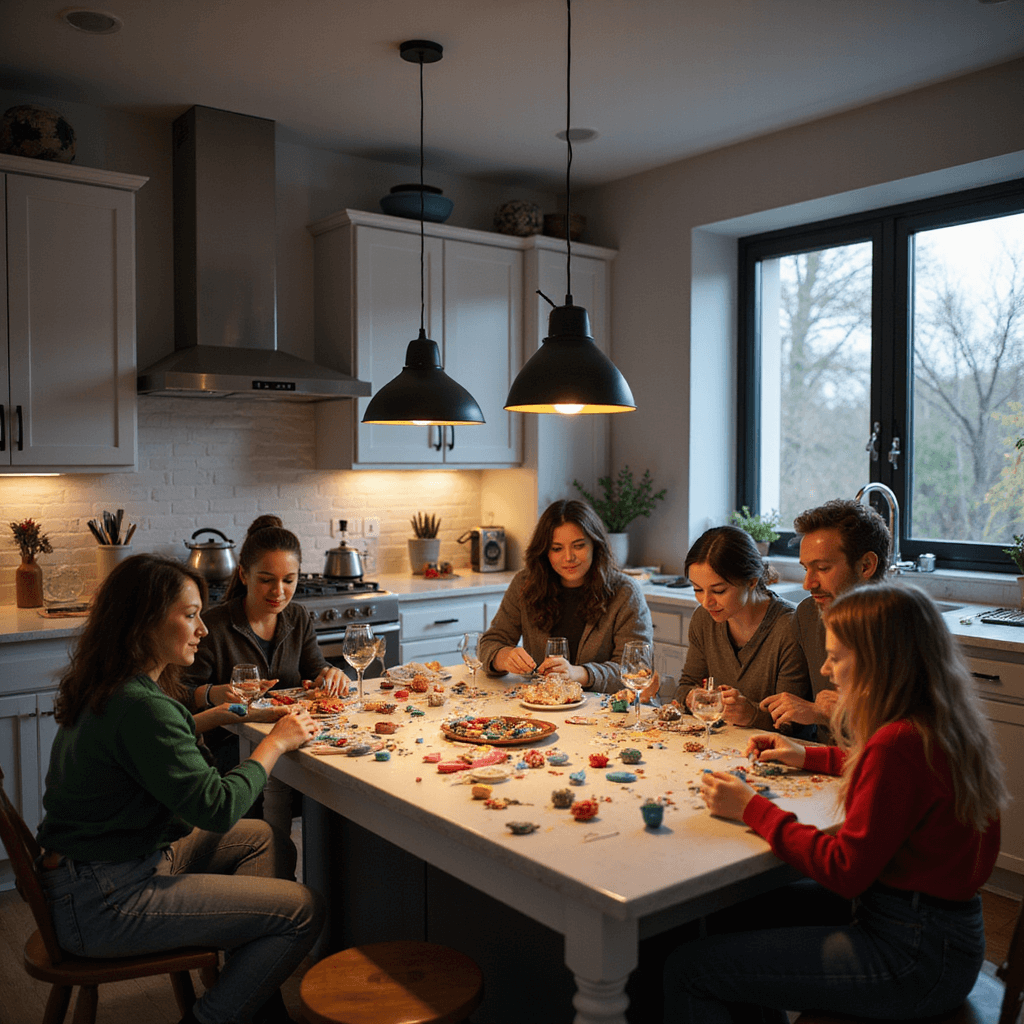 A cozy evening scene in a modern 10'x12' kitchen transformed into a vibrant crafting space, featuring friends creating colorful clay ornaments around an island counter with warm pendant lighting, wine glasses, and snacks, all amidst sleek appliances and minimalist decor.