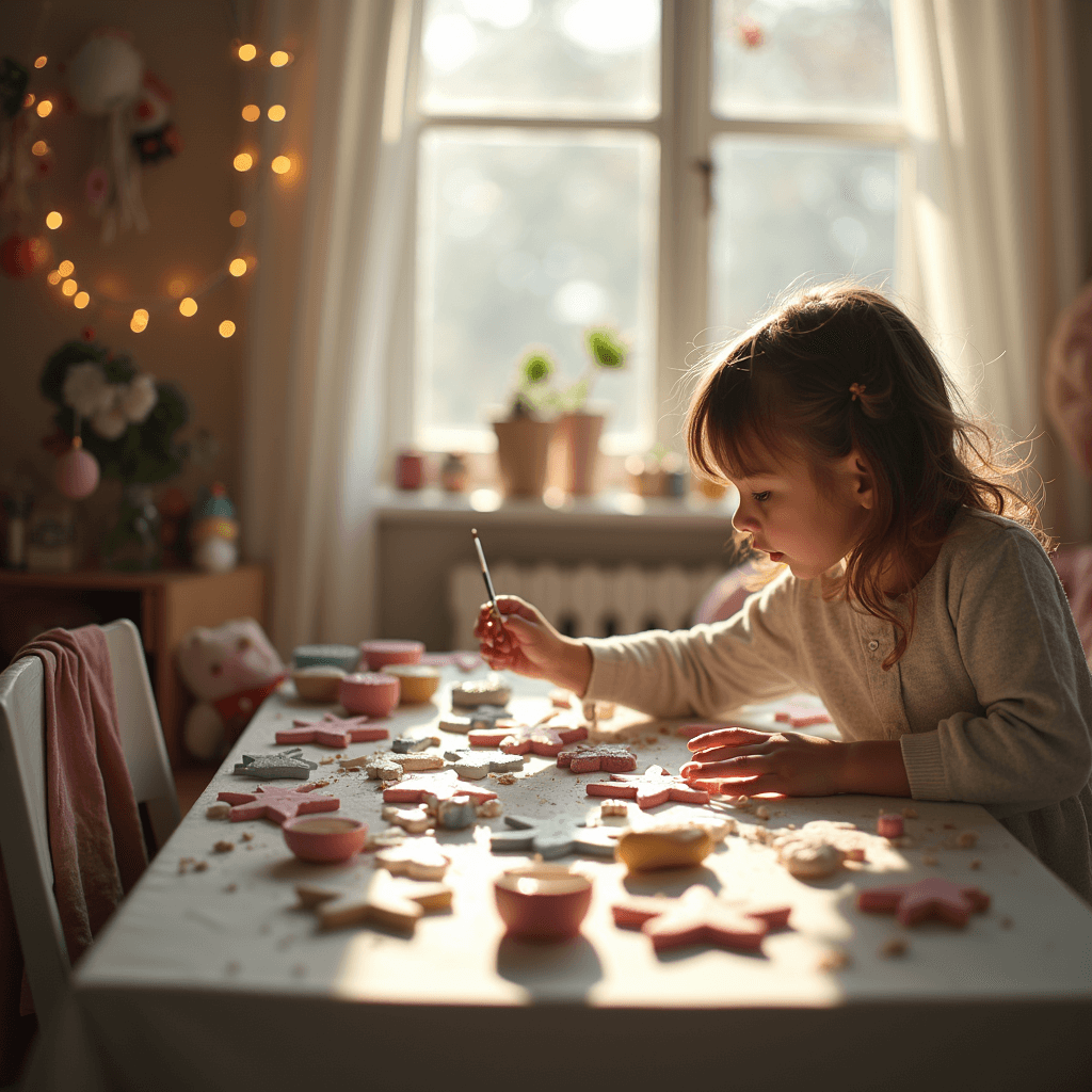 A child's crafting nook filled with pastel-colored clay ornaments and whimsical decorations, softly illuminated by morning light. A hand reaches for a paintbrush to add finishing touches to a clay star, capturing a dreamy, magical atmosphere.
