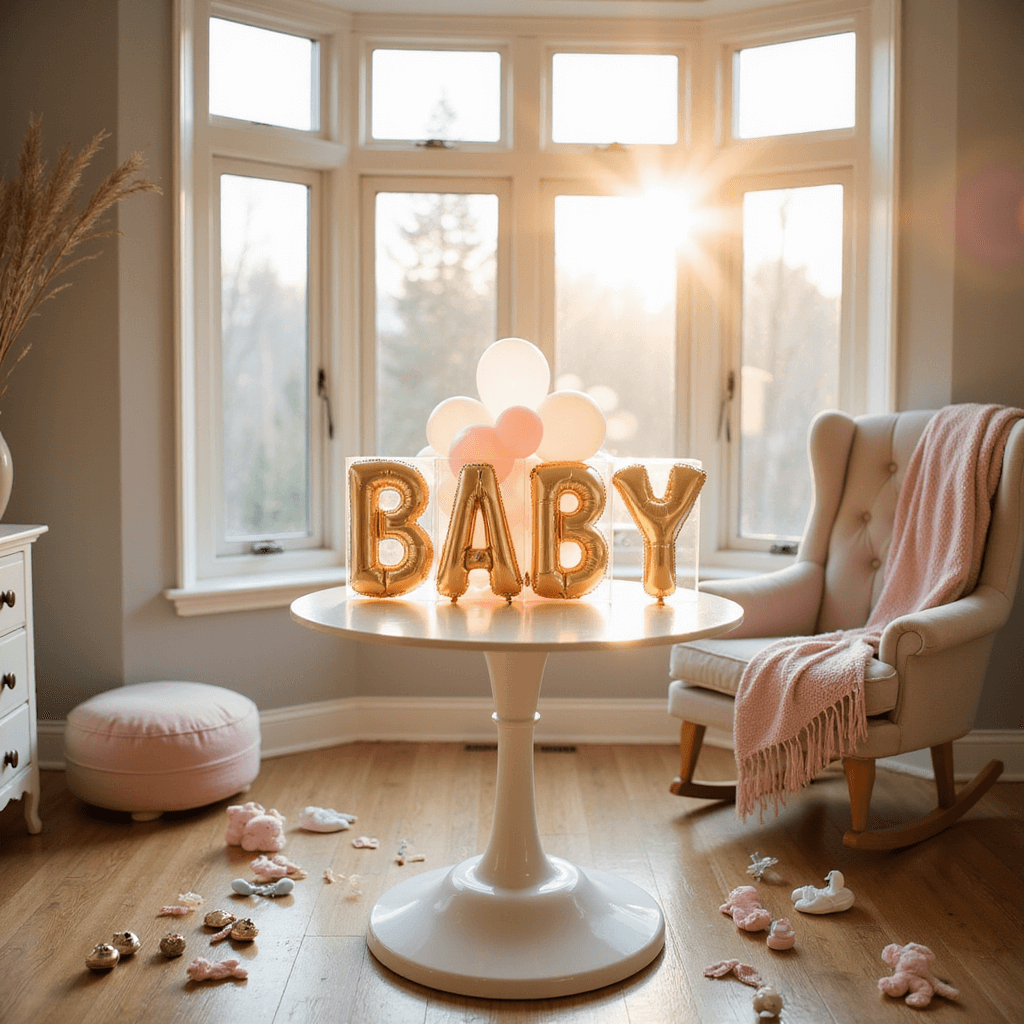 A sunlit nursery with bay windows, featuring a DIY baby box centerpiece with pastel balloons on a round table, surrounded by baby items. The room has soft grey walls, white trim, hardwood floors, and a plush rocking chair with a blush blanket. The warm, inviting atmosphere is captured in soft focus.