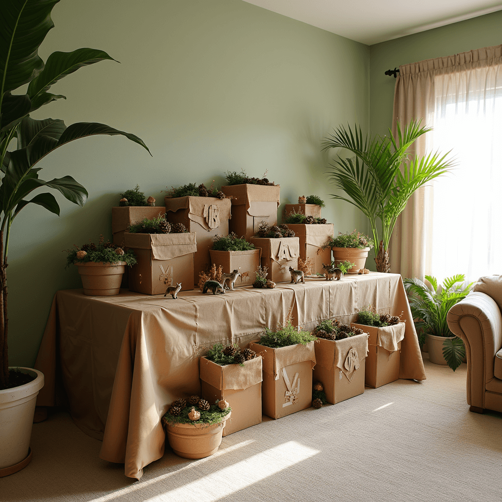 A spacious living room with sage green walls and cream carpeting, set up for a baby shower, featuring a dramatic 'BABY' box display wrapped in burlap, filled with woodland-themed items and fairy lights, illuminated by soft morning light filtering through sheer curtains.