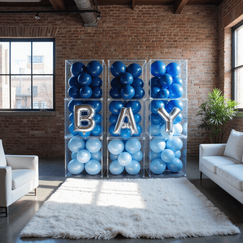 A chic modern event space featuring exposed brick walls and industrial windows, showcasing a 'BABY' balloon box backdrop with ombre blue balloons and silver mylar letters, framed by minimalist white furniture, under dramatic midday sunlight.