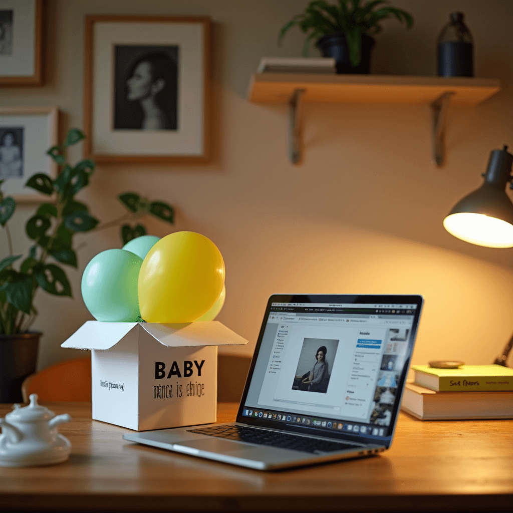 A cozy home office transformed for a virtual baby shower, featuring a DIY 'BABY' box set with pastel yellow and mint green balloons. The room is softly illuminated by a desk lamp, creating an intimate atmosphere. Decorated walls in beige, floating shelves with books and plants, and a laptop for video calls enhance the heartwarming scene.