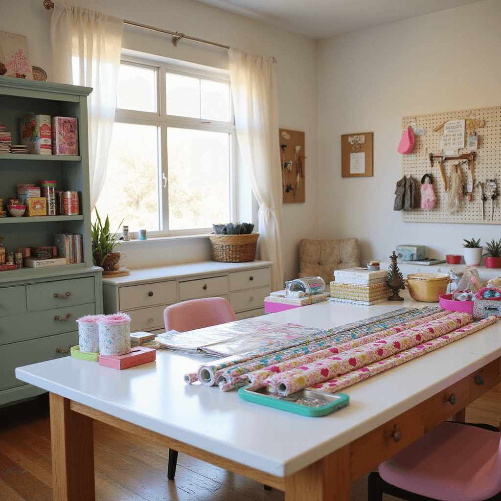 A bright and inviting craft room featuring a spacious white table adorned with colorful wrapping paper, ribbons, and a Bowdabra tool, surrounded by organized shelving and a vintage dresser for storage, with a chair sporting a pink cushion in the foreground and a pegboard wall with hanging tools and inspiration boards in the background, all bathed in warm sunlight streaming through sheer curtains.