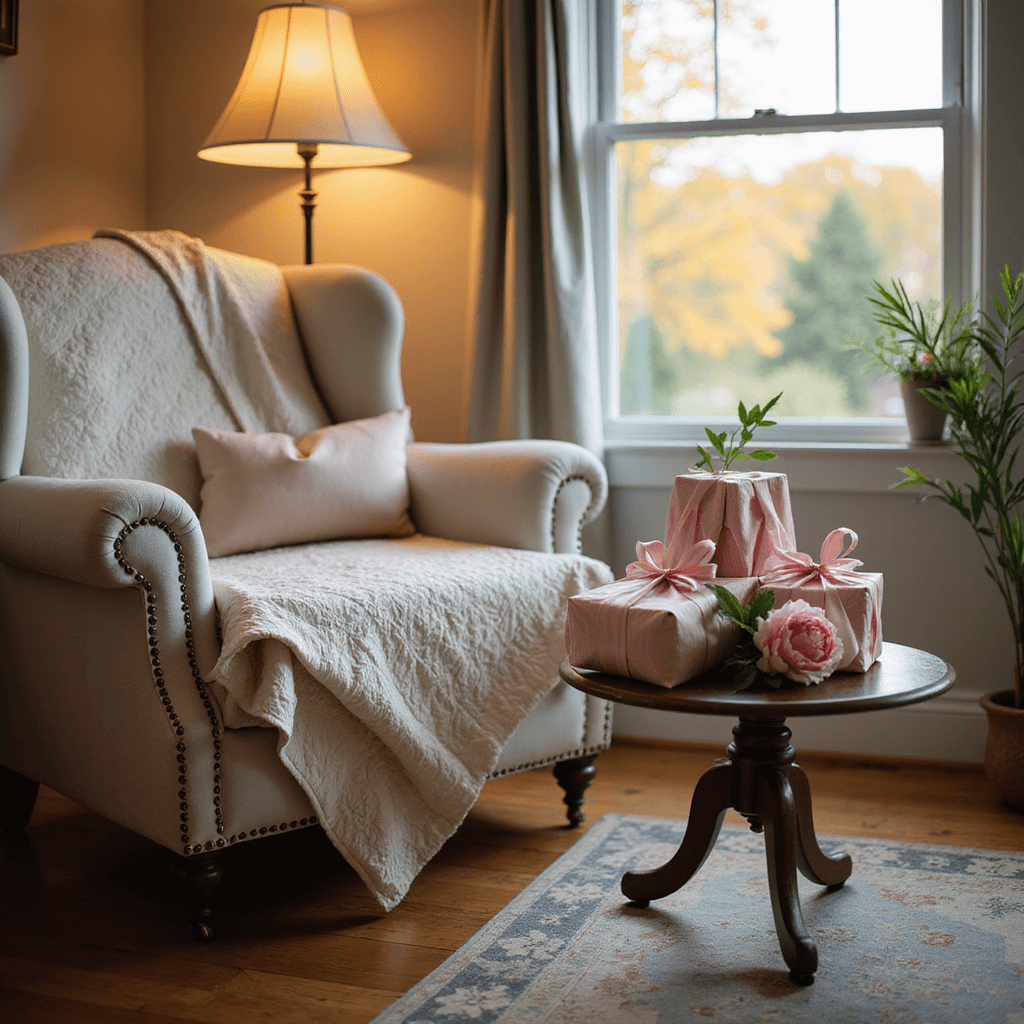 A cozy living room corner bathed in golden hour light, featuring a plush armchair draped with a handmade quilt near a bay window. A small side table displays elegantly wrapped Mother's Day gifts adorned with delicate paper folds and satin ribbons, complemented by fresh pink peonies. The warm oak flooring and vintage rug enhance the inviting atmosphere, with soft lighting contributing to the serene, anticipatory mood.