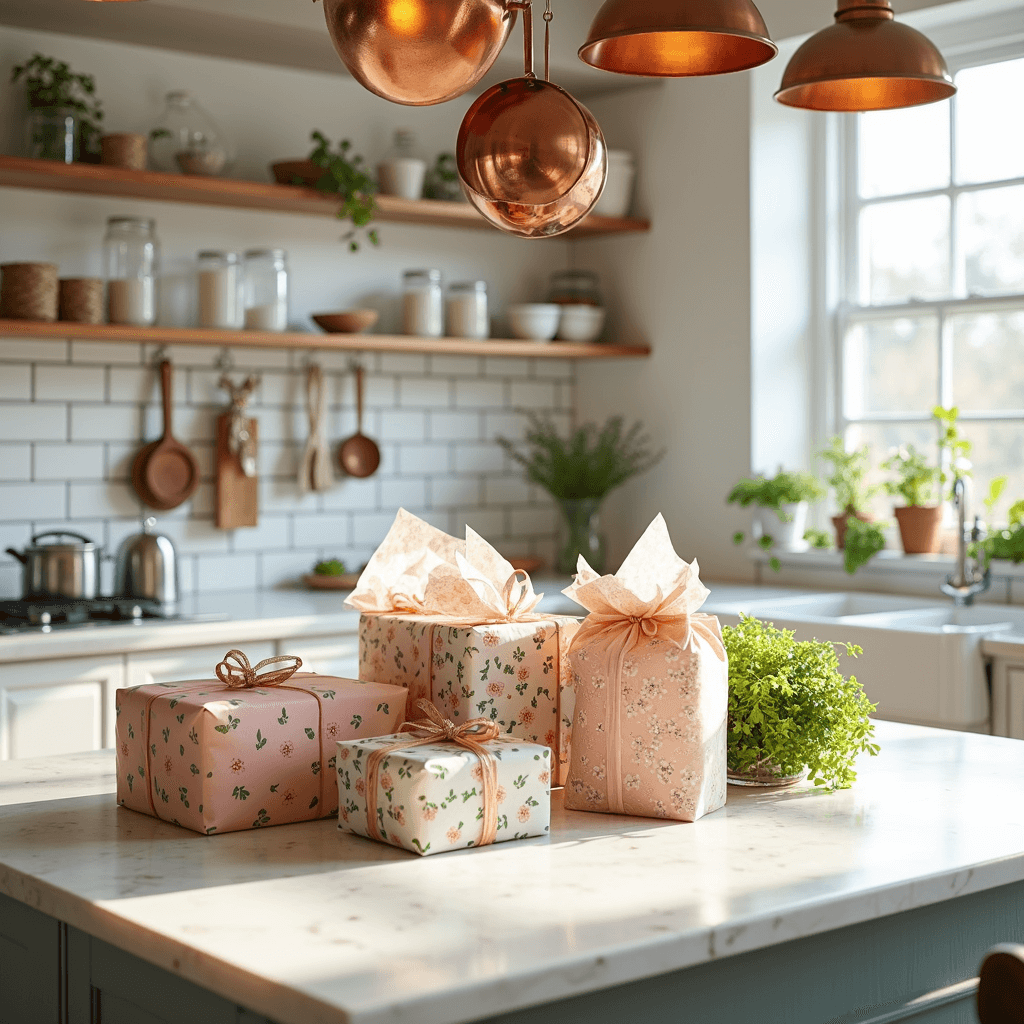 A bright and airy kitchen featuring a central island with a marble top adorned with eco-friendly gift wrapping materials, hanging copper pots above, and open shelving displaying mason jars filled with ribbons. A small herb garden on the windowsill adds fresh mint, all bathed in morning light with a crisp palette of whites, coppers, and greens.