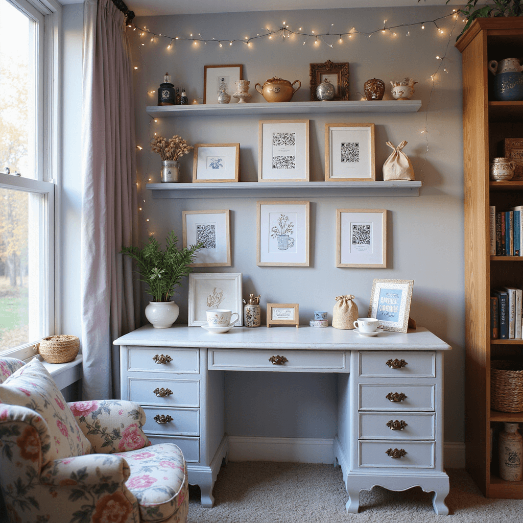 A whimsical home office featuring a vintage writing desk by a window, adorned with various creative gift card displays, including teacup holders and QR code cards. Floating shelves are lined with craft supplies, while a cozy reading nook with a floral armchair and a tall bookshelf completes the space. The color scheme is soft lavenders and blues with gold accents, illuminated by soft afternoon light and fairy lights.