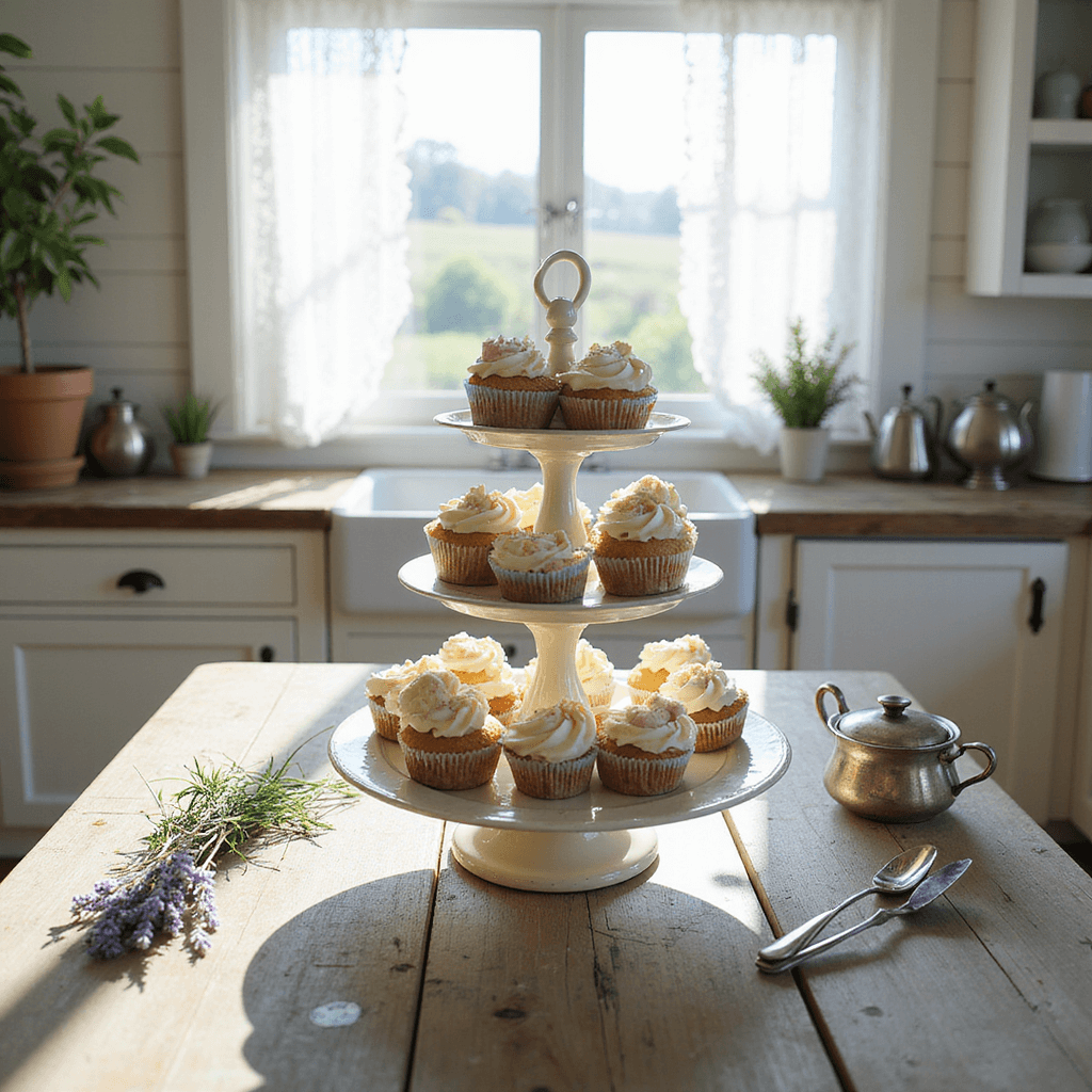 A sunlit kitchen with white shiplap walls features a farmhouse sink and a weathered wooden table. A whimsical cupcake stand made from vintage teacups, filled with pastel frosted cupcakes, is surrounded by antique silverware, lavender sprigs, and a tarnished silver tea set, all under soft afternoon light.