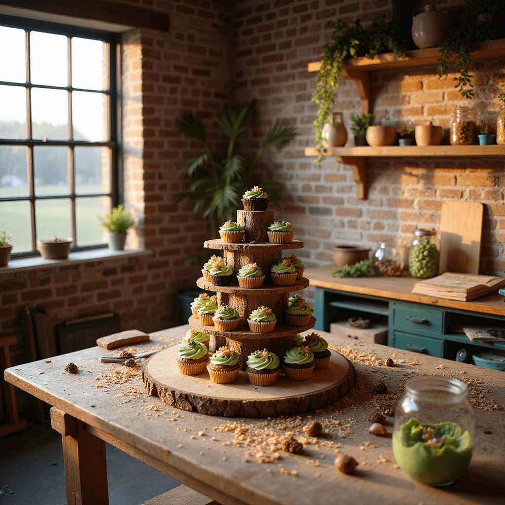 A cozy craft room featuring exposed brick walls and floating shelves, illuminated by golden hour sunlight. A rustic workbench displays a newly completed cupcake stand made of log slices, adorned with nature-inspired cupcakes with green frosting and edible flower toppings. The scene includes woodworking tools, wood shavings, and jars of pine cones and acorns, with a warm color scheme of wood tones, forest greens, and floral pastels. The wide-angle shot captures organic shapes and textures with inviting lighting.