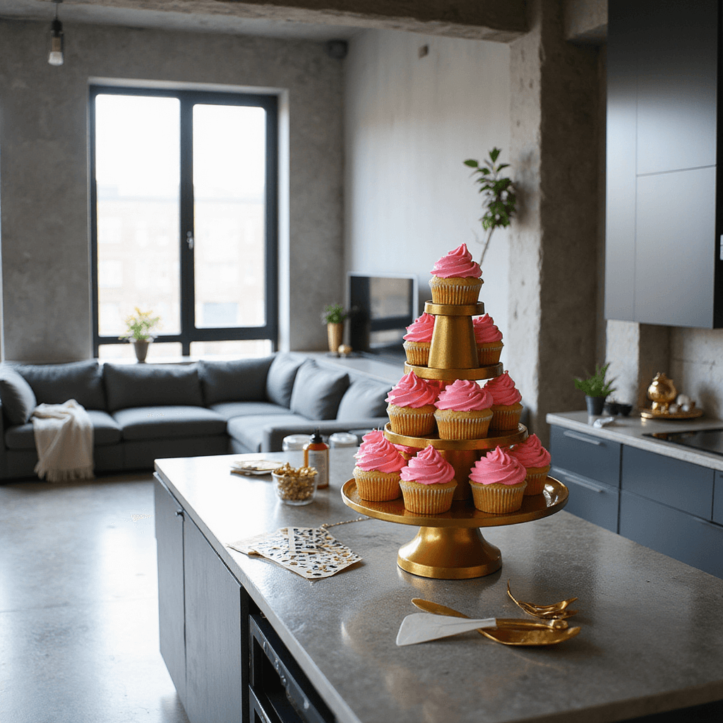 A modern open-concept living area featuring polished concrete floors and floor-to-ceiling windows, with a sleek kitchen island displaying a geometric cupcake stand made from spray-painted solo cups in a pyramid. Neon-frosted cupcakes contrast against the metallic gold stand, accompanied by scattered props including a can of gold spray paint and a designer cake spatula. The color palette includes cool grays, bright white, and vivid neon hues, while dramatic lighting enhances the stand's architectural quality and unique texture.
