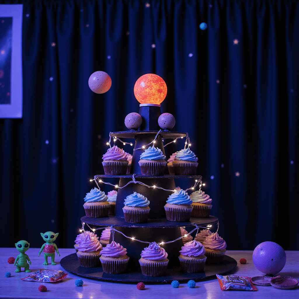 A close-up of a child's bedroom transformed into an outer space wonderland, featuring DIY cupcakes resembling planets with galaxy frosting, surrounded by toy rockets and alien figurines, all illuminated by LED lights and glow-in-the-dark stars against a dark backdrop.