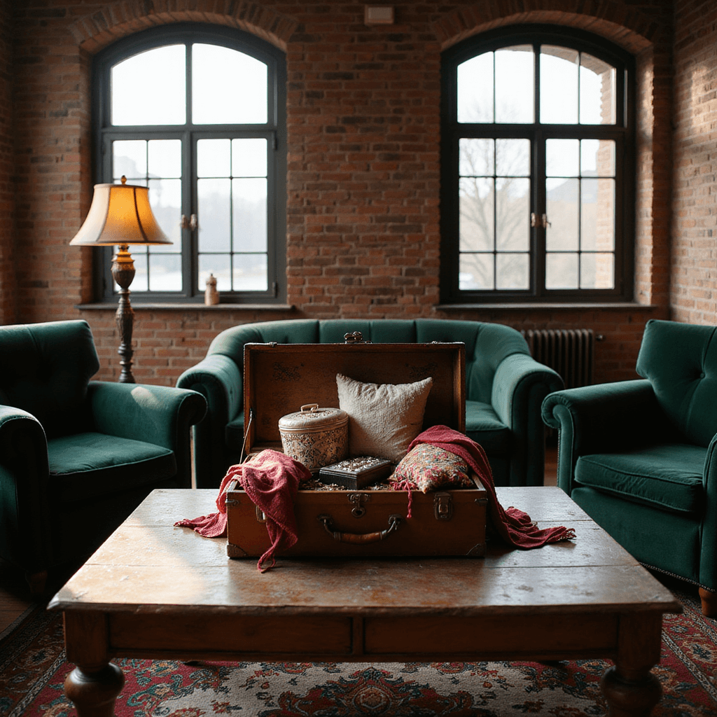 A cozy living room with exposed brick walls and large arched windows, featuring a vintage leather trunk overflowing with wedding gifts on a distressed wood coffee table. Deep jewel tones and warm afternoon sunlight create a welcoming ambiance, highlighted by an antique floor lamp and emerald green velvet armchairs.