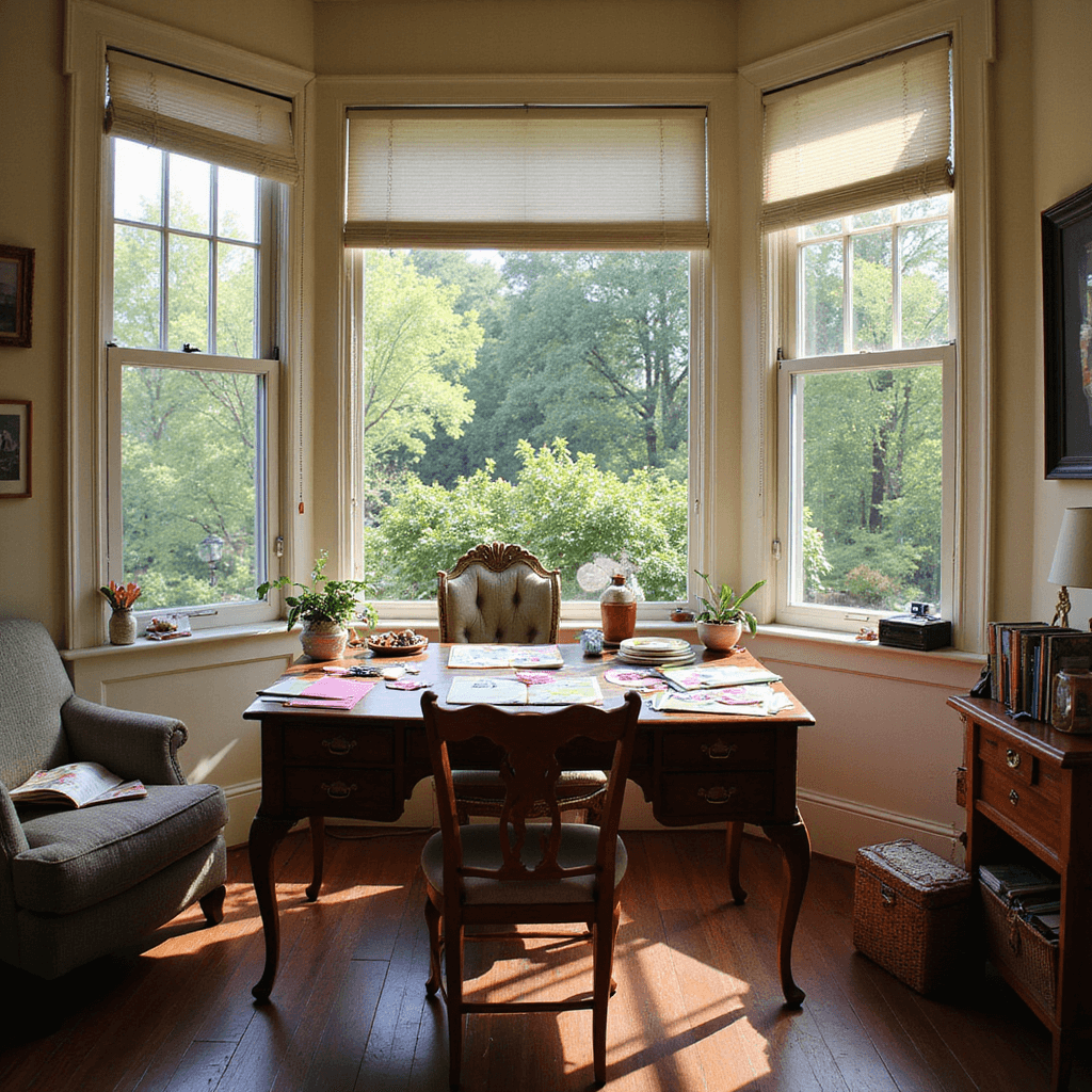 A cozy home office with warm afternoon light, featuring a vintage wooden desk cluttered with colorful craft supplies and heart-shaped calendars, a bay window overlooking a lush garden, and a plush armchair with photo albums, all captured with a shallow depth of field for detail.