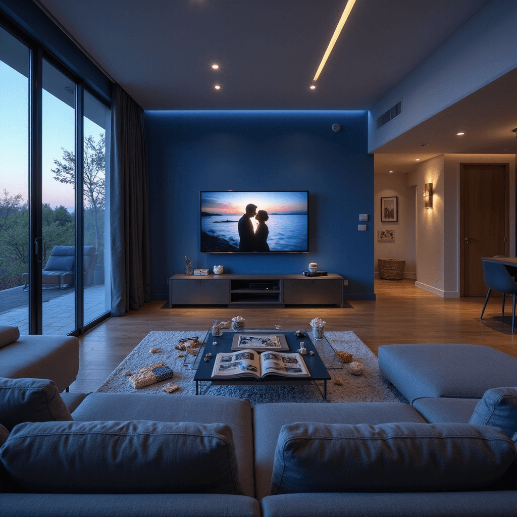 A modern living room at twilight featuring a gray sectional, a wall-mounted TV showing a paused romantic comedy, an open scrapbook on a glass coffee table with movie ticket stubs, cool blue walls, and soft indirect lighting, all captured in a wide-angle shot.