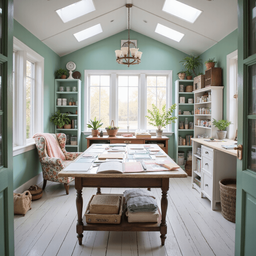 A bright sunroom crafting space featuring a large table with a pastel mini-album project, organized supplies on shelves, a vintage chair with a knit throw, whitewashed wood floors, and mint green walls, all softly illuminated by morning light.