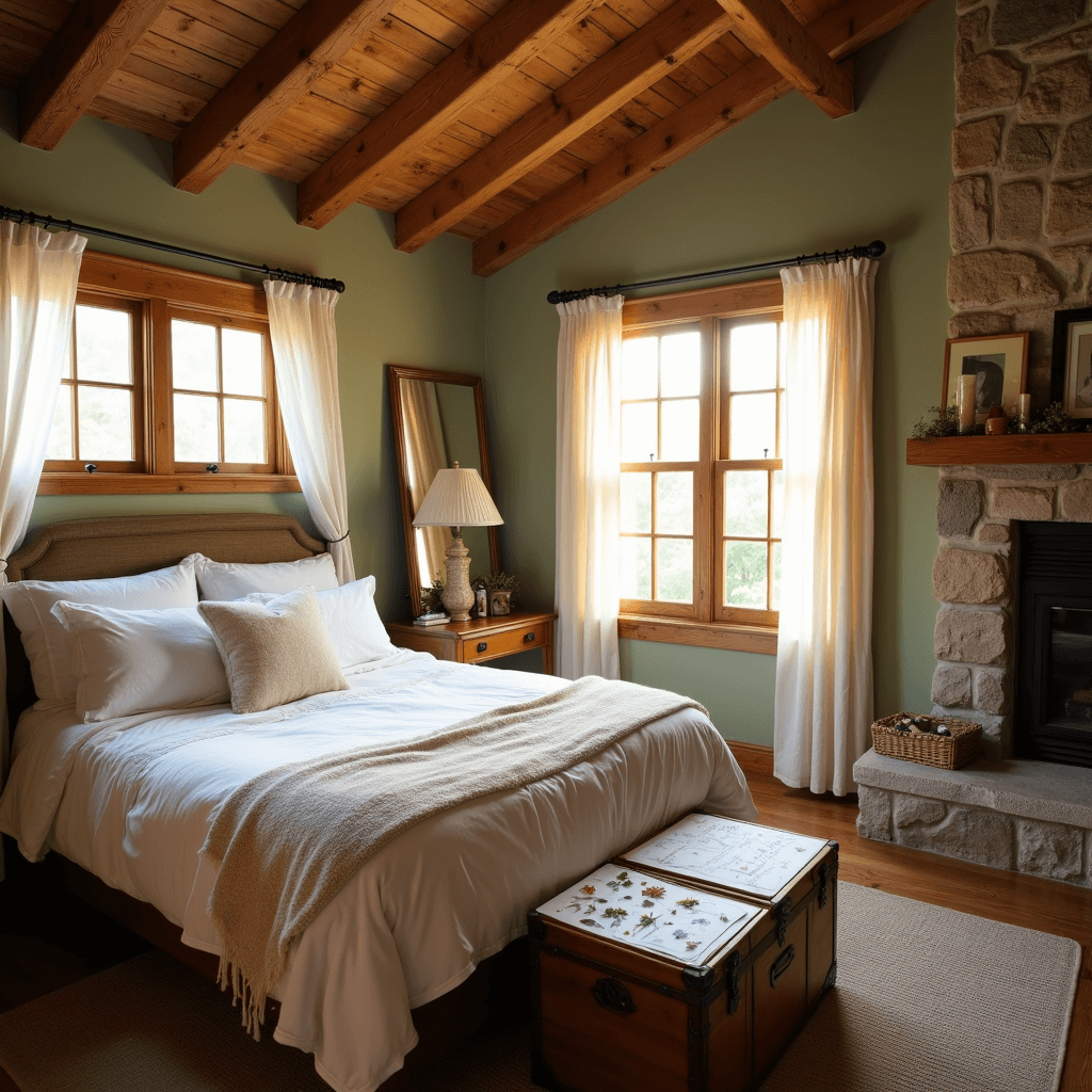 A rustic-chic bedroom with exposed wooden beams and a stone fireplace, featuring golden hour light filtering through sheer curtains. A king-size bed with white linens and a vintage trunk at its foot, alongside a bedside table with a scrapbook page of pressed flowers and love notes. Sage green walls and a freestanding mirror enhance the cozy, romantic atmosphere.