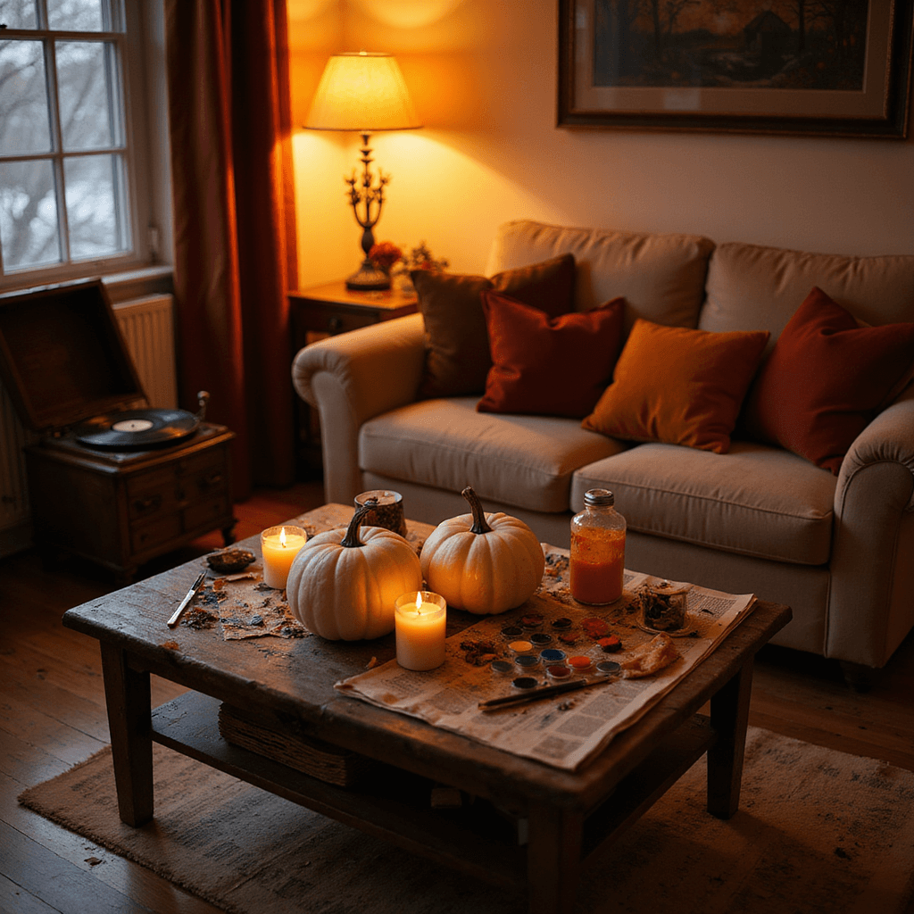 A cozy living room at dusk illuminated by warm amber light from pumpkin-scented candles, featuring a plush beige sofa with burnt orange and deep red pillows, a rustic coffee table with white pumpkins and acrylic paints, newspapers on a weathered hardwood floor, and a vintage record player playing softly in the corner, captured from a slightly elevated angle with shallow depth of field.