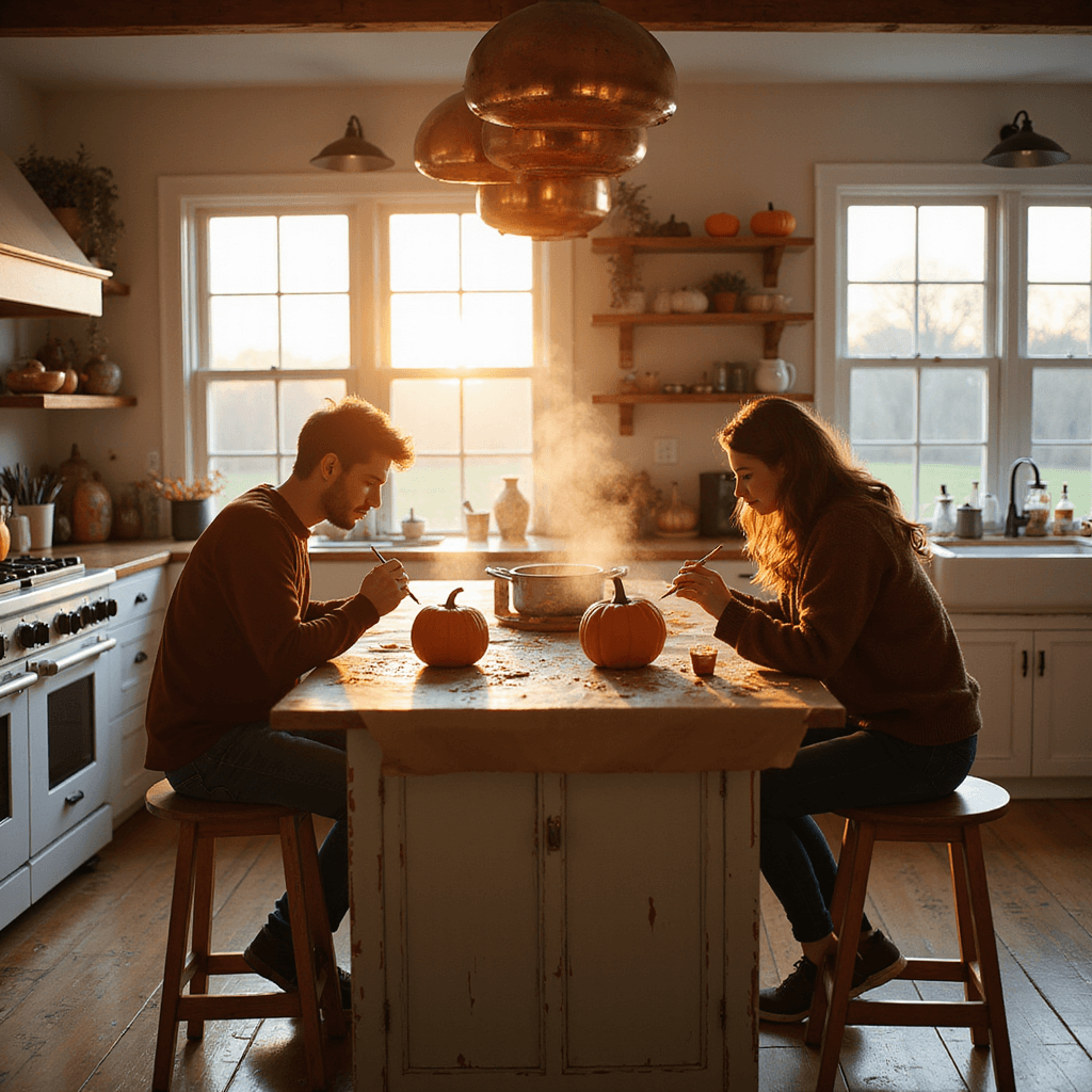 A cozy farmhouse kitchen at dusk with warm light illuminating a distressed wood island where a couple paints pumpkins. The island covered in kraft paper shows paint splatters, and a steaming pot of apple cider simmers on the stove, filling the air with autumn scents. Copper pots hang above, reflecting the soft golden hour glow.
