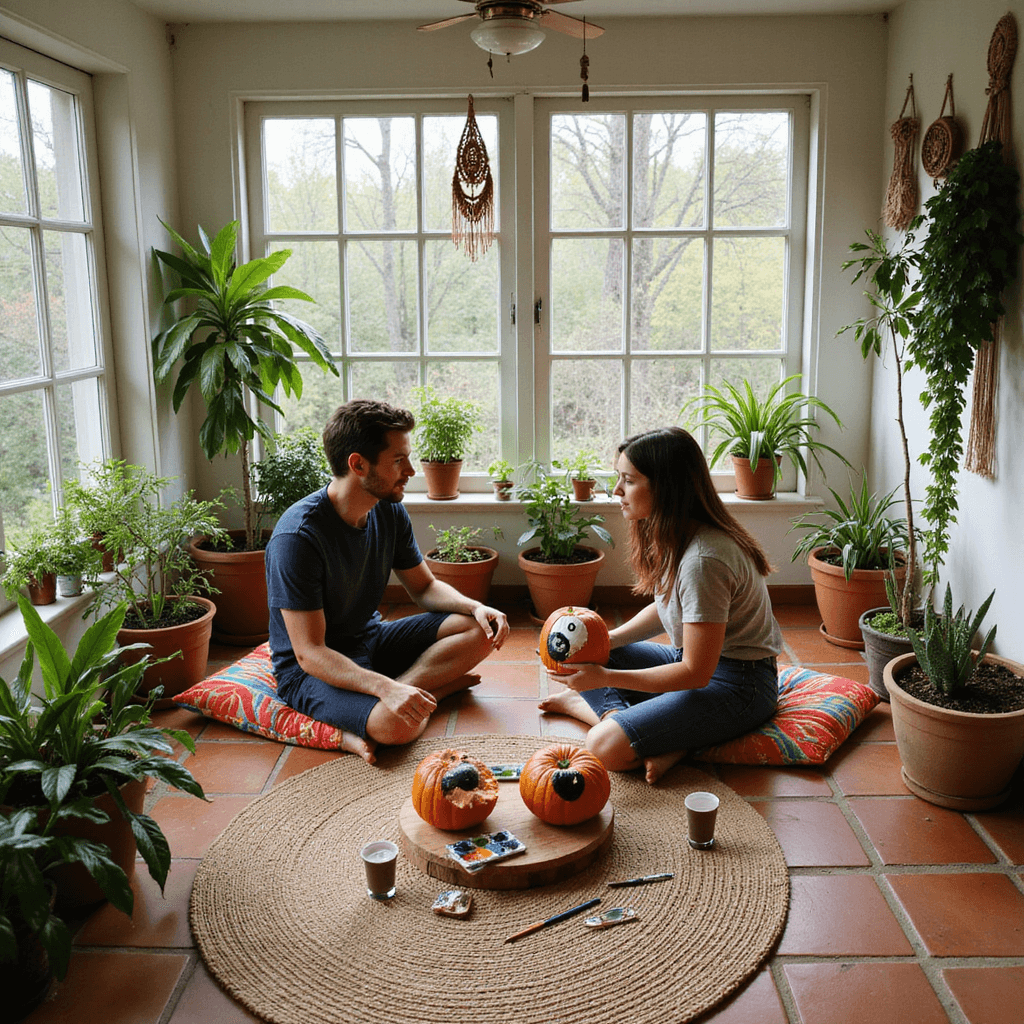 A bohemian sunroom filled with sunlight features a couple sitting cross-legged on colorful cushions around a low table, working on pumpkins adorned with yin and yang designs, surrounded by plants, macramé hangings, and a palette of black and white acrylics.