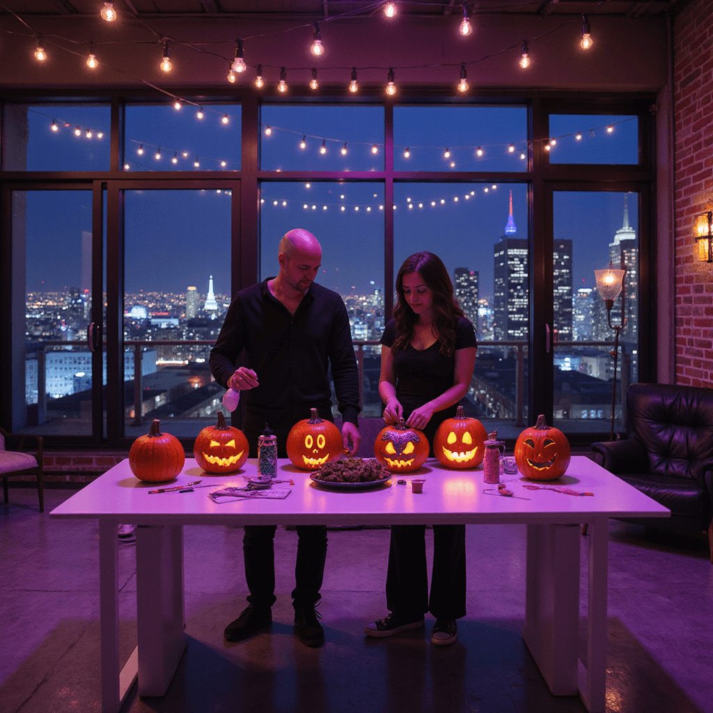A modern loft apartment at night, featuring polished concrete floors and exposed brick walls, illuminated by string lights. A white dining table is adorned with painted pumpkins of famous duos. Two partners work on Morticia and Gomez Addams pumpkins, with metallic paints and glitter visible. The scene is captured from a low angle, showcasing their silhouettes against the glowing city through floor-to-ceiling windows. The atmosphere is playful and edgy, with deep purples, blacks, and neon accents.