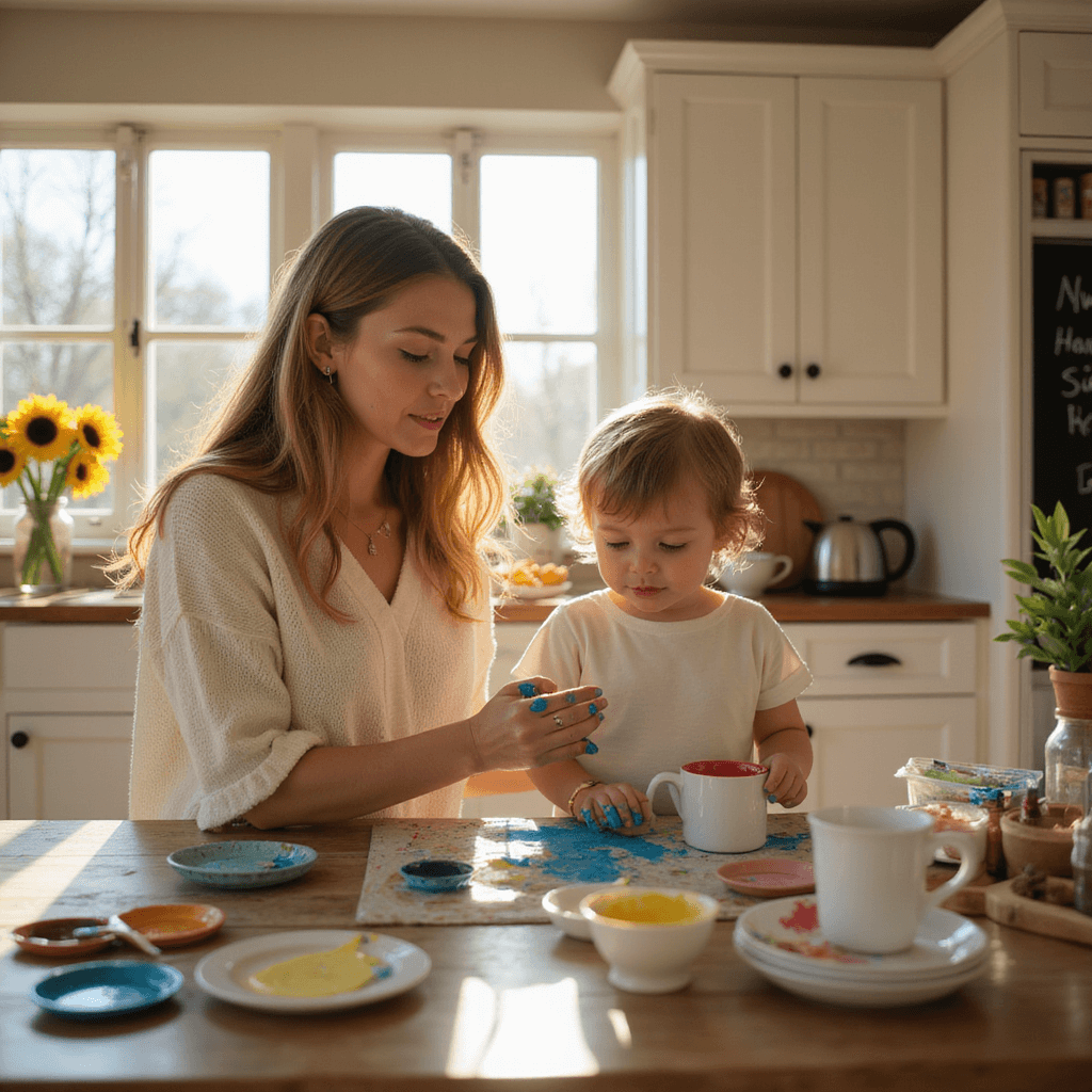 A sunlit kitchen with white shaker cabinets and a central island, featuring a mother and child engaged in a painting activity with colorful ceramic paints and brushes. The child, with a bright blue-painted hand, is about to press onto a plain white mug. Warm golden light pours in through large windows, illuminating a vase of sunflowers and a chalkboard with 'Handprint Station' written on it, creating a warm, nostalgic atmosphere.