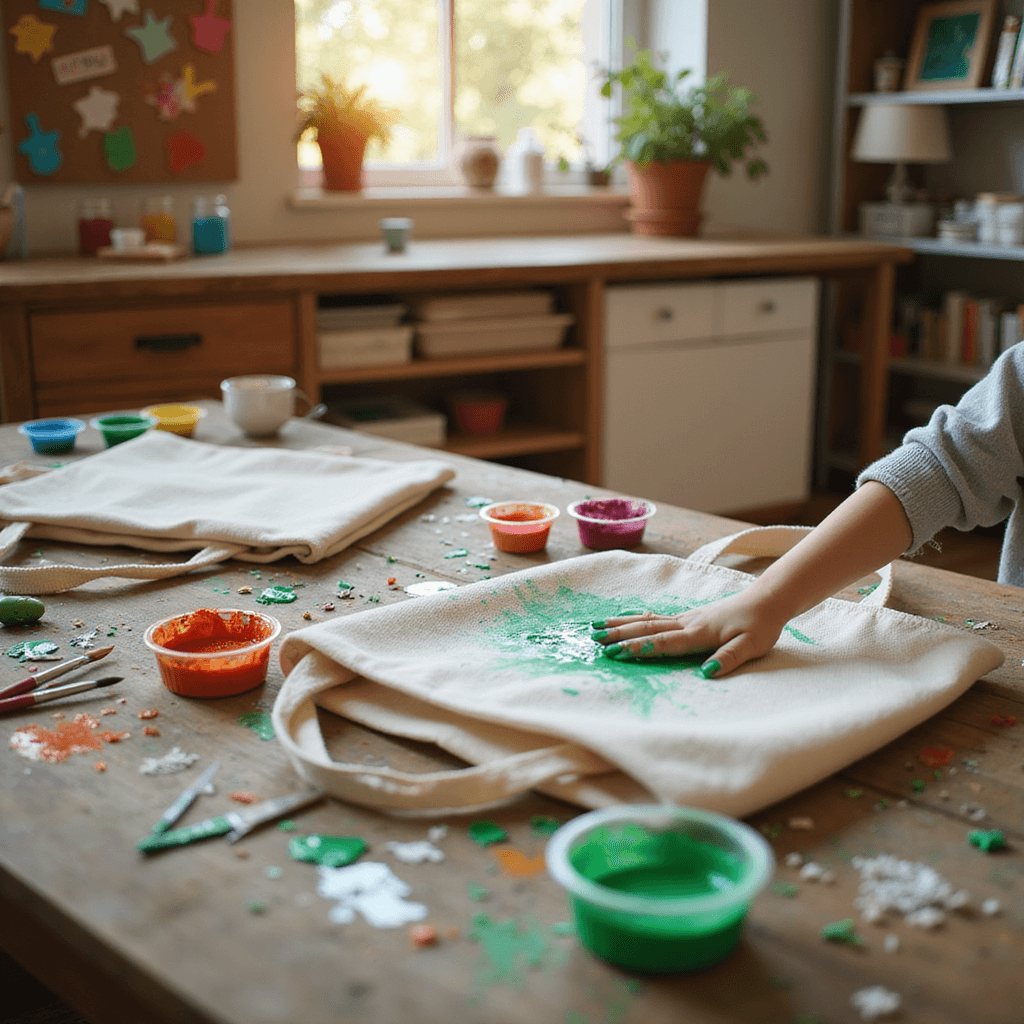 A cozy craft room illuminated by warm afternoon light, featuring a rustic wooden table cluttered with fabric paints, brushes, and canvas tote bags. A child's hand covered in vibrant green paint is pressing onto a natural beige tote, while a blurred background reveals shelves of crafting supplies and a colorful pin board. The scene captures the joyful chaos of creativity with paint splatters and the textures of the materials.