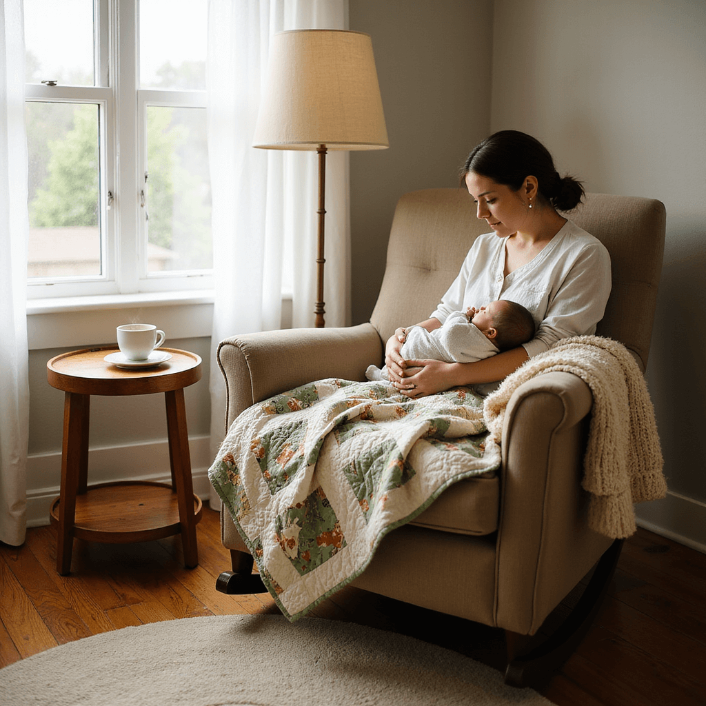 A serene nursery corner illuminated by soft afternoon light, featuring a new mother swaddling her newborn in a patchwork quilt, a plush rocking chair, a rustic side table with a steaming mug of tea, and a warm oak floor with a cream-colored rug.