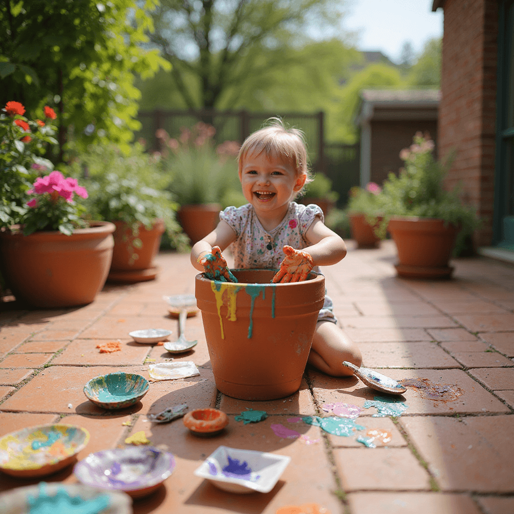 A joyful outdoor patio scene on a bright spring day, featuring a rustic potting bench and a laughing child with paint-covered hands pressing onto a terracotta pot, guided by an adult. Surrounding colorful gardening tools, seed packets, and blooming plants create a vibrant, messy crafting experience, enhanced by natural sunlight and a soft bokeh effect in the background.