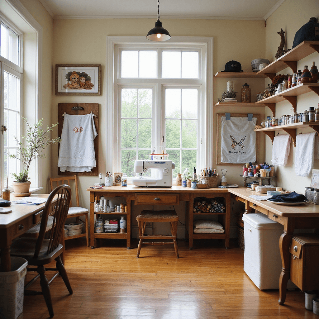A bright craft room filled with natural light, featuring a central worktable with an embroidery machine, colorful thread spools, and walls lined with finished embroidered items, including baby blankets and towels, complemented by warm wood floors and a vintage sewing chair.
