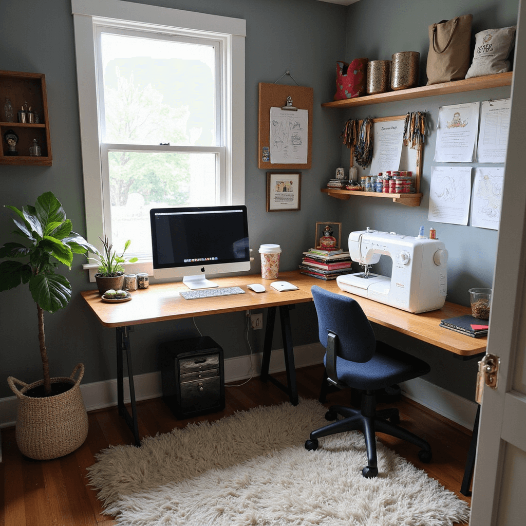 Cozy home office converted for an embroidery business, featuring an L-shaped desk with a computer, an embroidery machine, fabric swatches, and a pinboard with order forms. The space has warm grey walls, a plush area rug, a fiddle leaf fig, and floating shelves displaying customized products, all illuminated by soft morning light from the doorway.