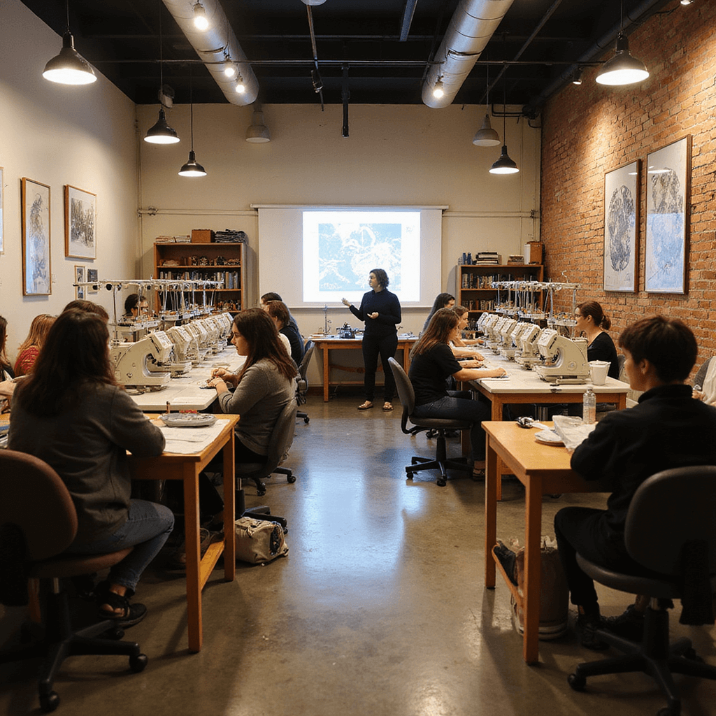 A modern embroidery workshop featuring multiple workstations with students using individual machines during an evening class. An instructor demonstrates techniques on a large screen at the front. The room has exposed brick walls and concrete floors, with a wall of framed embroidery art as inspiration. Pendant lights create a warm glow, and directional lighting highlights each work area. A storage unit holds various embroidery supplies. The image is captured at eye level from the back of the room, conveying a focused and collaborative atmosphere.