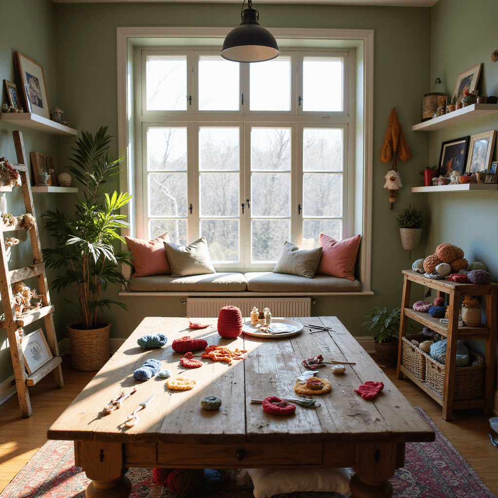 A cozy craft room with warm afternoon light, featuring a bay window, a rustic wooden worktable covered in colorful yarn and crochet hooks, and completed projects on floating shelves. The soft sage green walls and vintage ladder for yarn storage create a welcoming atmosphere.