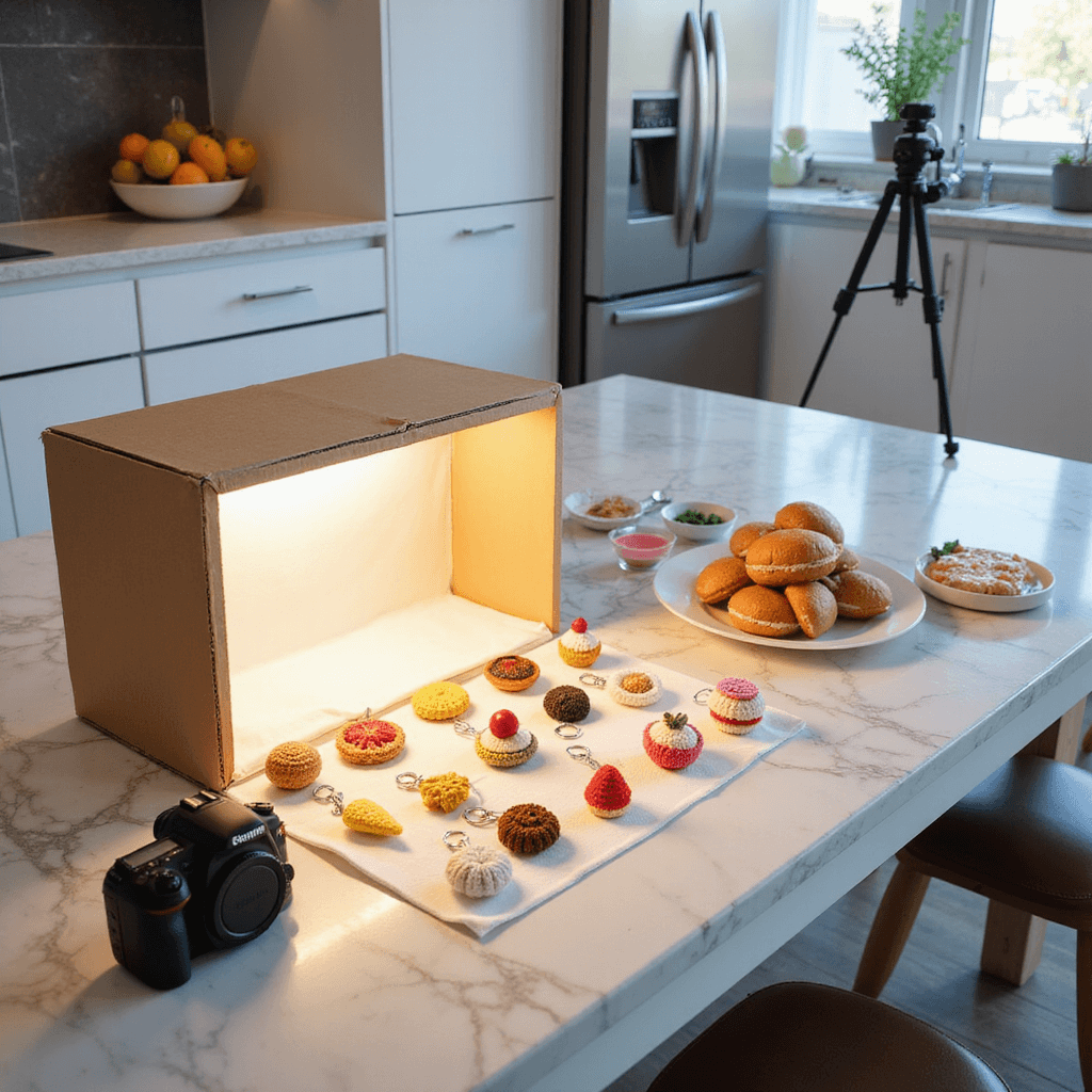 A bright modern kitchen with sleek white cabinets and stainless steel appliances features a DIY photoshoot setup on the marble countertop, showcasing crocheted food keychains in a homemade lightbox. A DSLR camera on a tripod captures the scene, illuminated by warm LED lights, with pastel-colored props and crochet supplies arranged artfully around the lightbox.