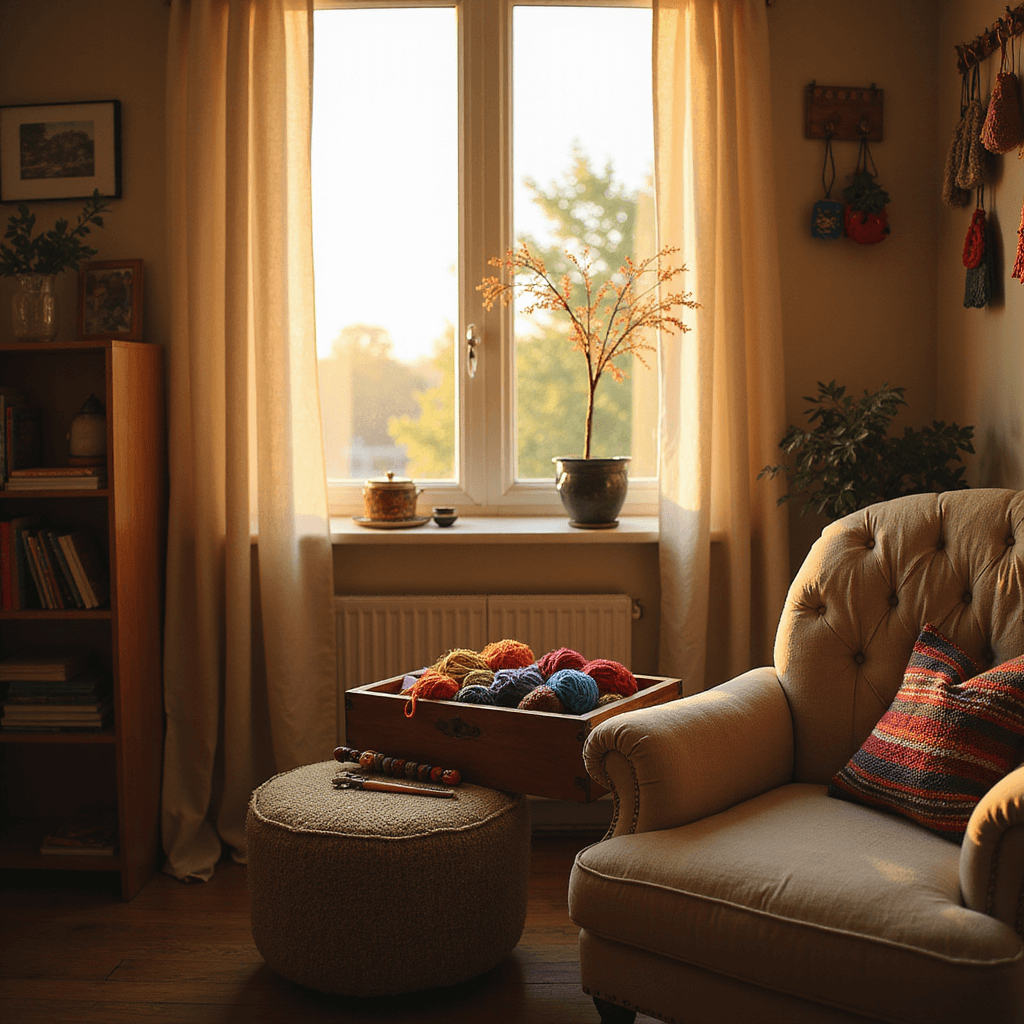 A cozy crafting nook in a sunlit living room corner, featuring a plush armchair, a side table with vibrant yarn and crochet hooks, and a half-finished keychain on the chair's arm, surrounded by bookshelves filled with craft books and finished keychains, all against soft cream walls adorned with framed crochet patterns.